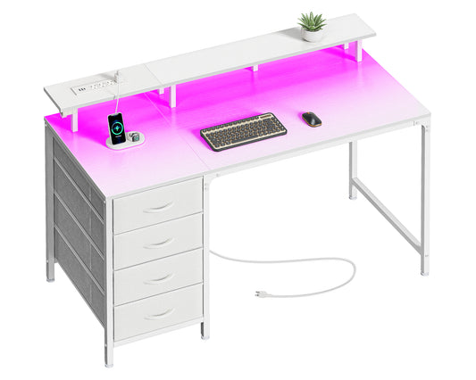 Huuger 47 Inch Computer Desk with Power Outlets and LED Lights, Gaming Desk with 4 Drawers, Office Desk with Monitor Stand, Study Desk Work Desk for Home Office, Small Spaces, White