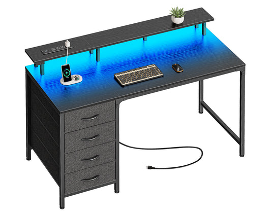 Huuger 47 Inch Computer Desk with Power Outlets and LED Lights, Gaming Desk with 4 Drawers, Office Desk with Monitor Stand, Study Desk Work Desk for Home Office, Small Spaces, Black