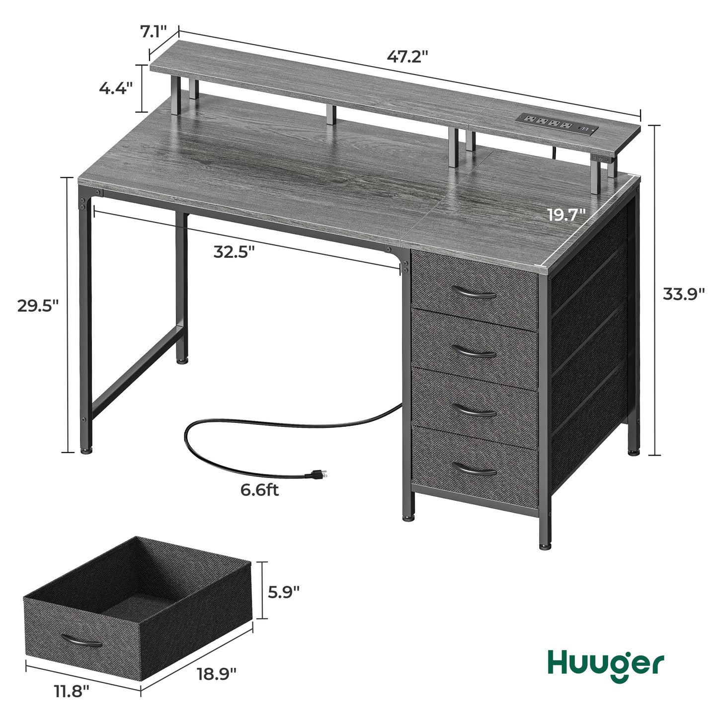 Huuger 47 Inch Computer Desk with Power Outlets and LED Lights, Gaming Desk with 4 Drawers, Office Desk with Monitor Stand, Study Desk Work Desk for Home Office, Small Spaces, Gray