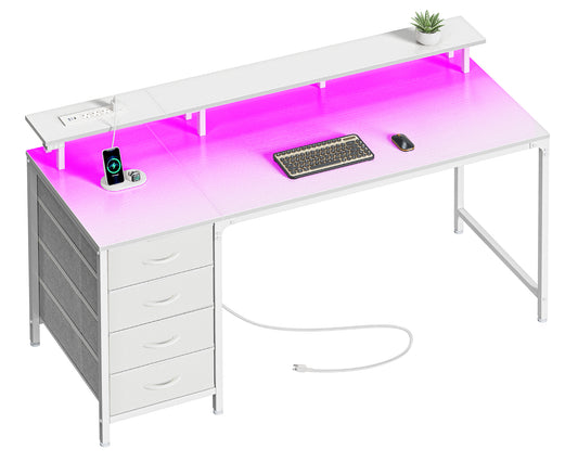 Huuger 55 Inch Computer Desk with Power Outlets and LED Lights, Gaming Desk with 4 Drawers, Office Desk with Monitor Stand, Study Desk Work Desk for Home Office, White