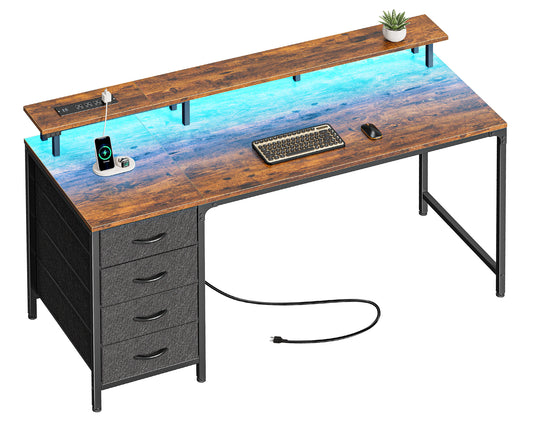 Huuger 55 Inch Computer Desk with Power Outlets and LED Lights, Gaming Desk with 4 Drawers, Office Desk with Monitor Stand, Study Desk Work Desk for Home Office, Rustic Brown