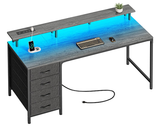 55 Inch Computer Desk with Power Outlets and LED Lights, Gaming Desk with 4 Drawers, Office Desk with Monitor Stand, Study Desk Work Desk for Home Office, Gray