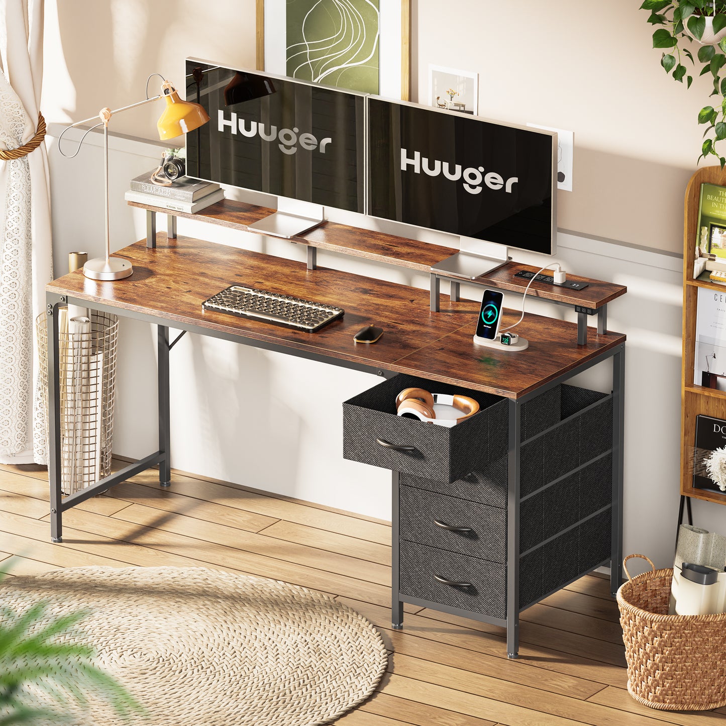 Huuger 55 Inch Computer Desk with Power Outlets and LED Lights, Gaming Desk with 4 Drawers, Office Desk with Monitor Stand, Study Desk Work Desk for Home Office, Rustic Brown