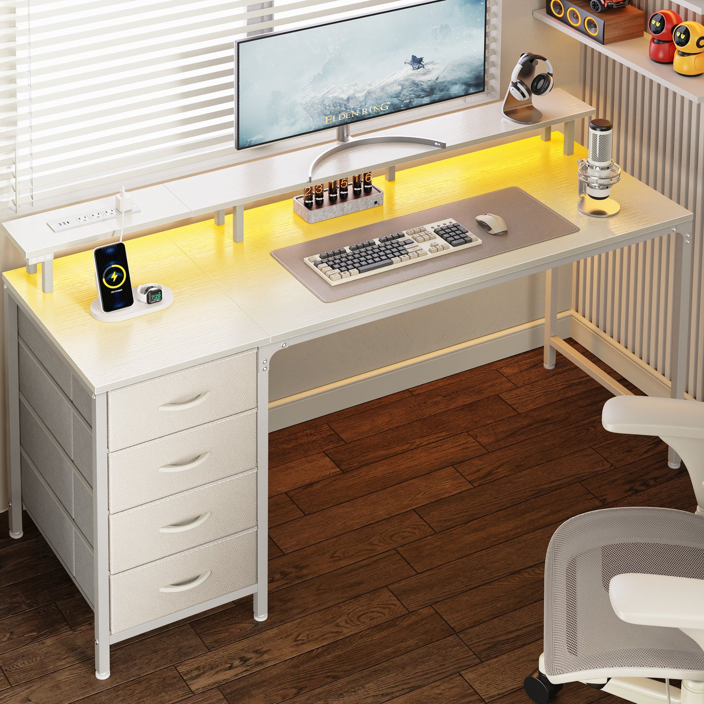 Huuger 55 Inch Computer Desk with Power Outlets and LED Lights, Gaming Desk with 4 Drawers, Office Desk with Monitor Stand, Study Desk Work Desk for Home Office, White