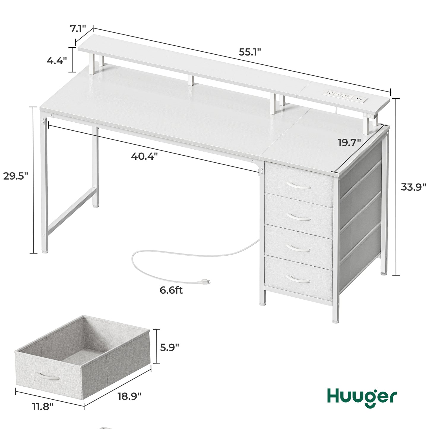 Huuger 55 Inch Computer Desk with Power Outlets and LED Lights, Gaming Desk with 4 Drawers, Office Desk with Monitor Stand, Study Desk Work Desk for Home Office, White