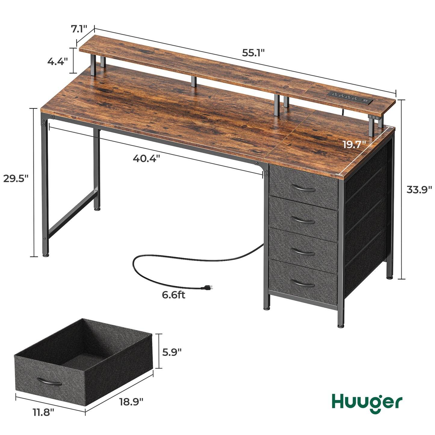 Huuger 55 Inch Computer Desk with Power Outlets and LED Lights, Gaming Desk with 4 Drawers, Office Desk with Monitor Stand, Study Desk Work Desk for Home Office, Rustic Brown