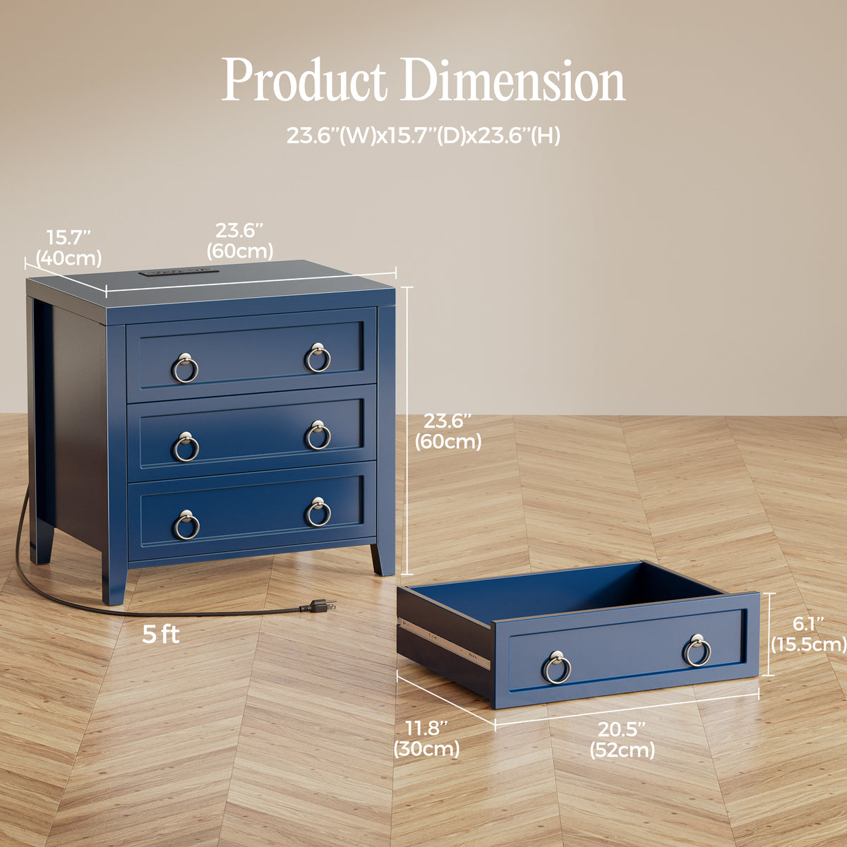 Huuger Paint Night Stand with Charger Station, 3 Drawer Nightstand Set of 2 Larger Wider Bedside Table with USB-C Port, Modern End Table, for Bedroom, Living Room, Blue Nightstand
