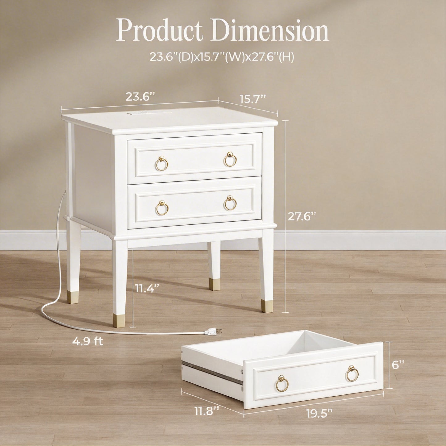 Huuger 27.6 Inch Tall Nightstand with Charging Station, USB-C Port Larger Night Stand Set of 2, Bedside Table with 2 Drawers, 11.4 Inch Raised Legs, Side Tables End Tables, for Bedroom, White