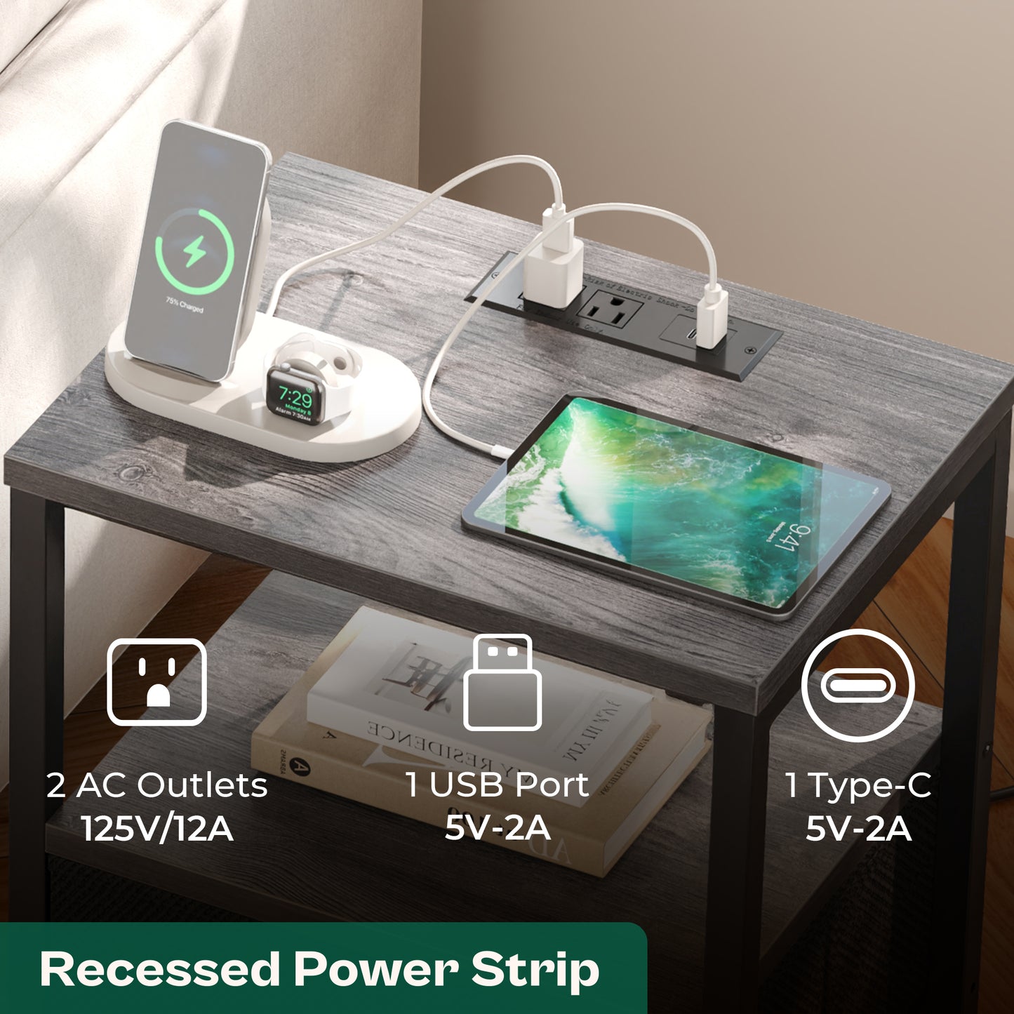 Huuger Nightstand with Charging Station, Side Table with Fabric Drawers, End Table with Open Shelf, Bedside Table with USB Ports and Outlets, Night Stand for Bedroom, Charcoal Gray