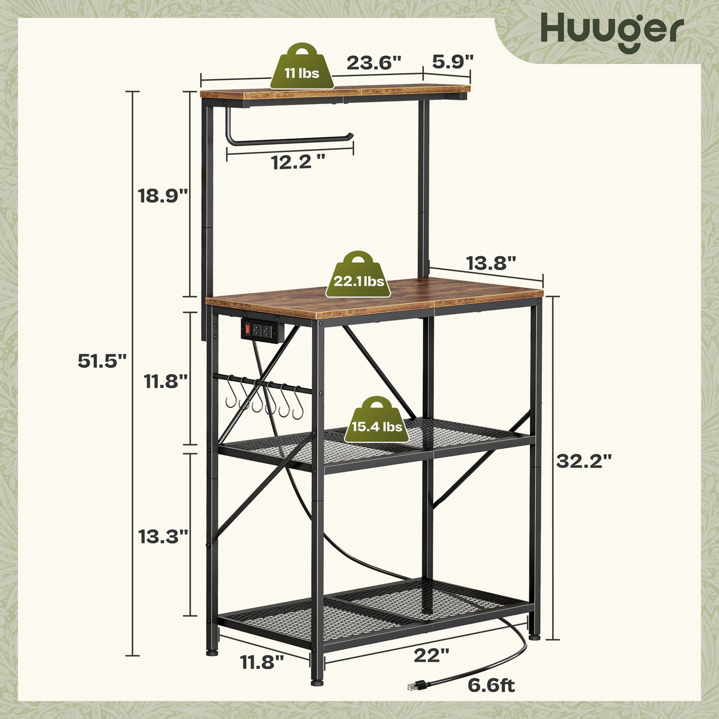 Huuger 4-Tier Bakers Rack with Reversible Power Outlet, 23.6 Inch Microwave Stand, Kitchen Coffee Bar, with Top Shelf, 6 S Hooks, Rustic Brown