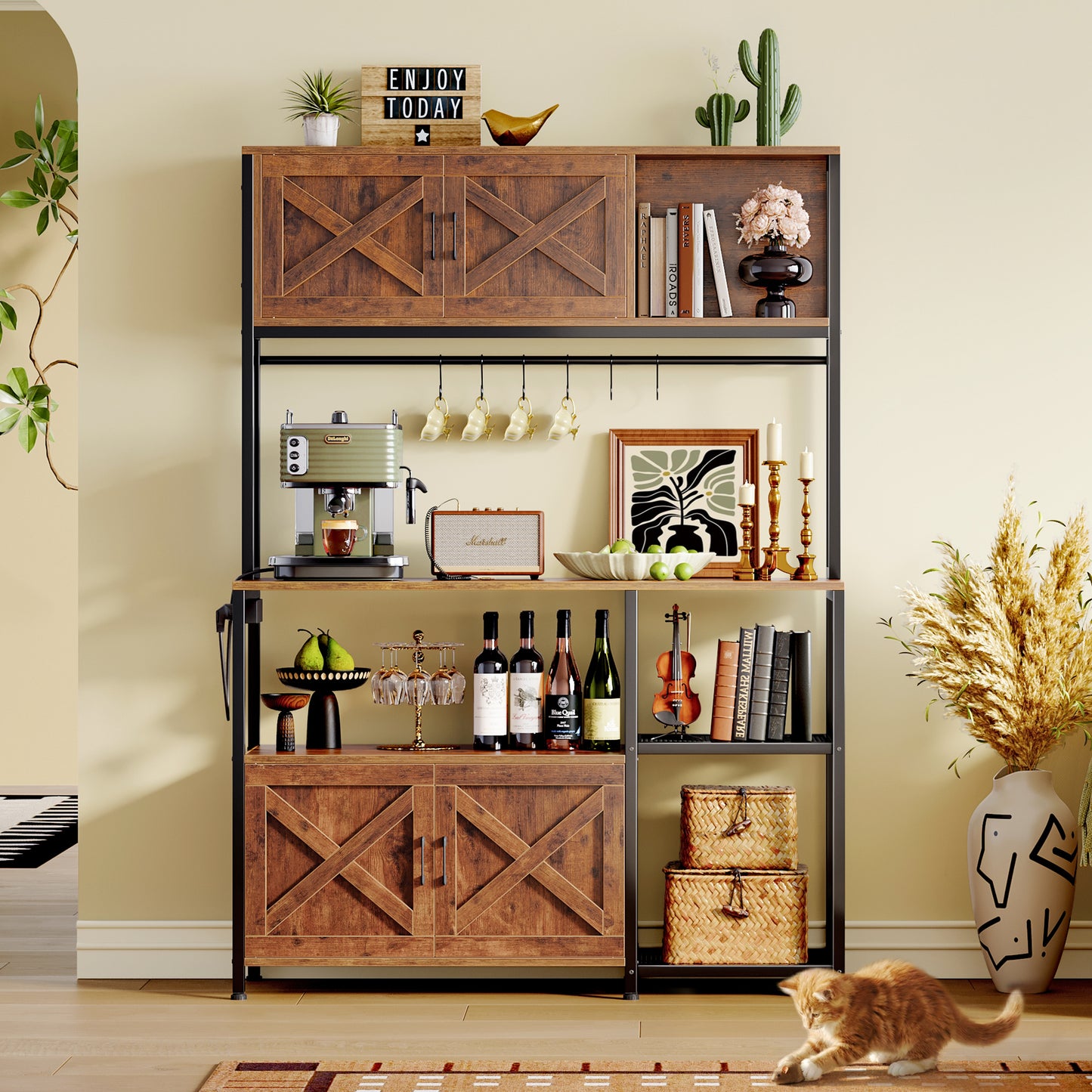 Huuger Large Bakers Rack with Power Outlet, Kitchen Microwave Stand with Cabinets, Coffee Bar Table Station with Storage, 6 S-Shaped Hooks, Mesh Shelves, 45 Inch Wooden Top, Rustic Brown
