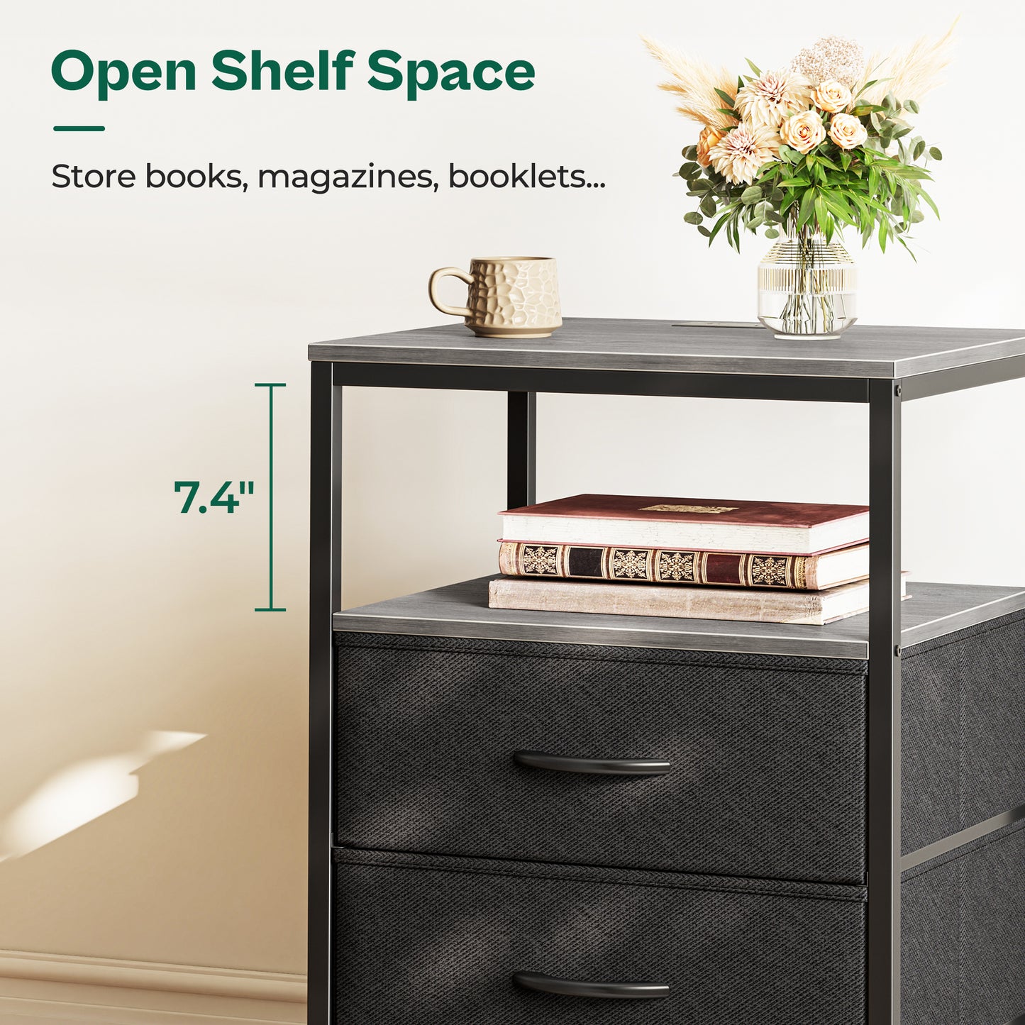 Huuger Night Stand with Charger Station, 27.7 Inch Tall Nightstand, Bed Side Table with 2 Fabric Drawers, Fabric Drawer Dresser for Bedroom, Living Room, Grey