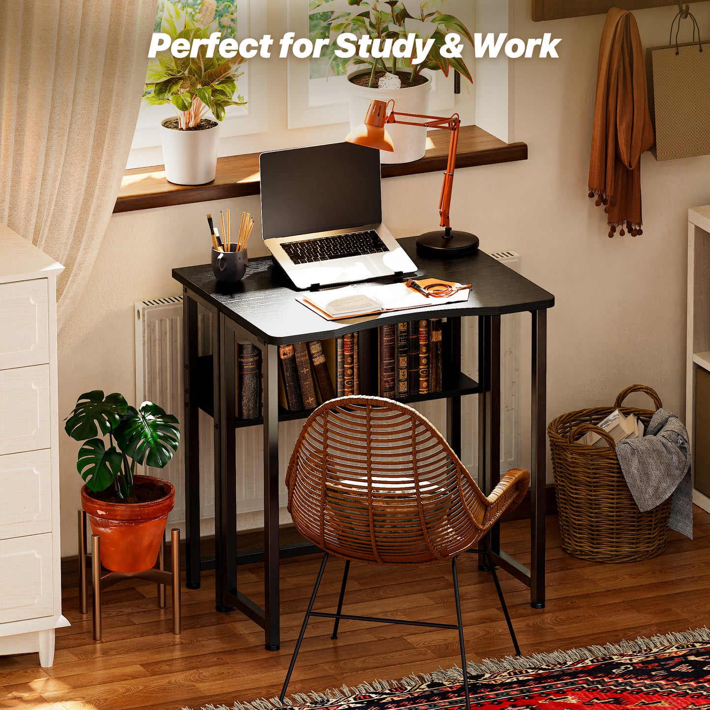 Huuger Folding Desk with Storage Shelf, 23.6 Inch Foldable Computer Table for Small Spaces, Space Saving Sofa Table for Couch, Writing Work Office Computer Desk, Easy to Fold, Black