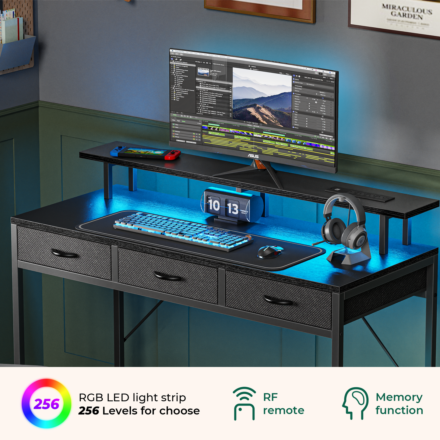 Huuger 47 inch Computer Desk with 3 Drawers, Office Desk Gaming Desk with LED Lights & Power Outlets, Black