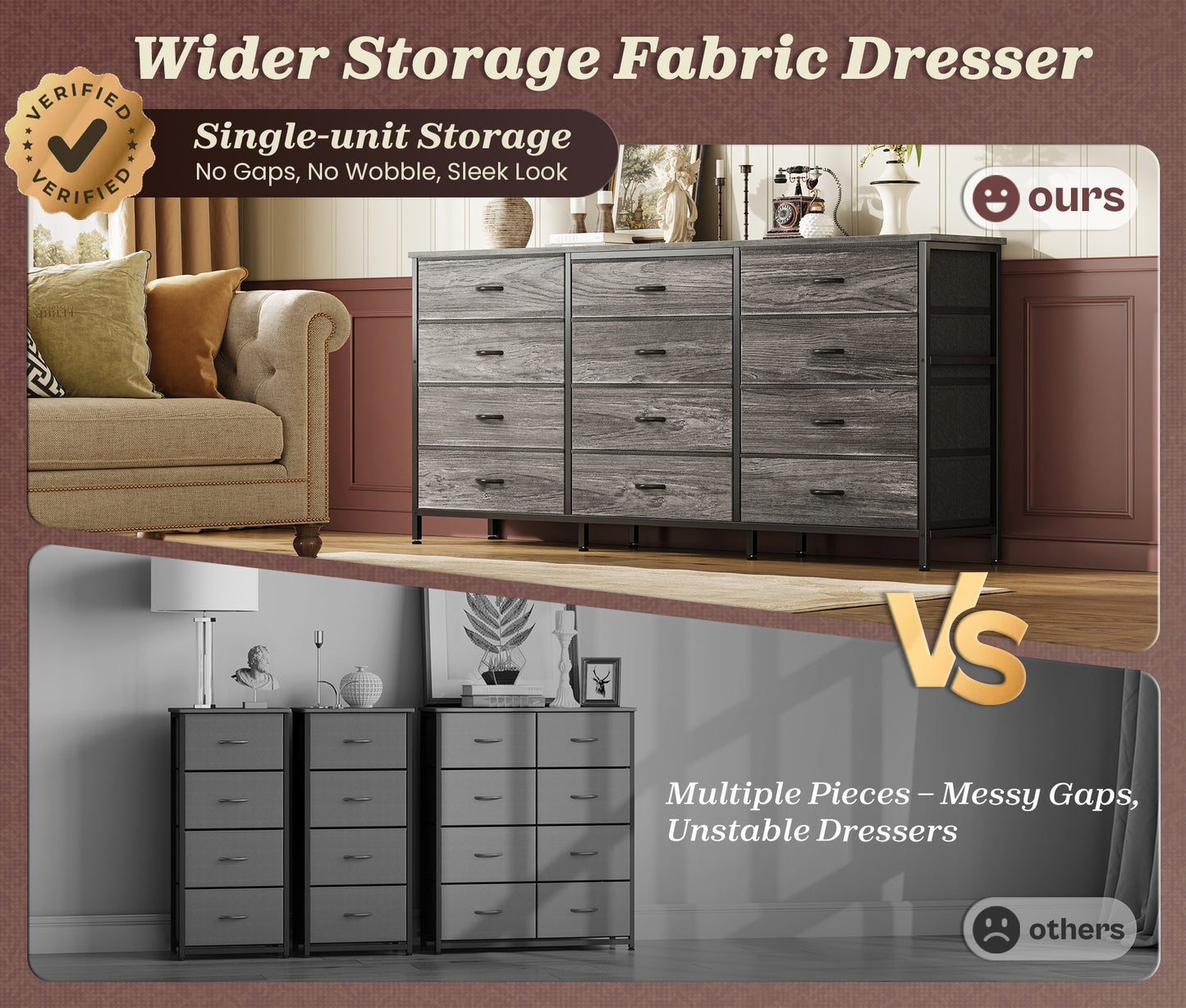 Huuger 63 Inch Long Dresser for Bedroom, TV Stand for 65, 70 Inch TV, 12 Drawer Dresser for Closet, Large Fabric Drawers for Bedroom, Media Console with Storage, Grey