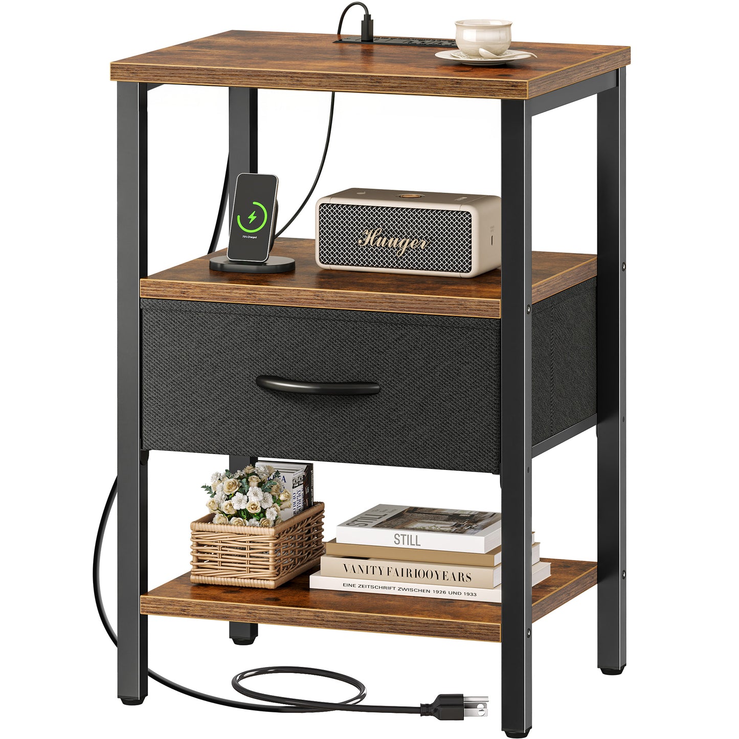 SUPERJARE Nightstand with Charging Station, USB-C Port, Bedside Table Night Stand for Bedroom, with Adjustable Fabric Drawer, 3-Tier Storage End Table, for Living Room, Rustic Brown & Black