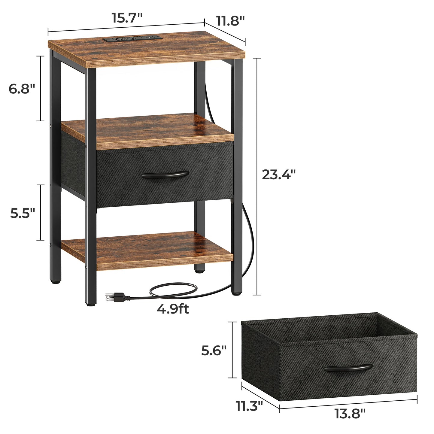 SUPERJARE Nightstand with Charging Station, USB-C Port, Bedside Table Night Stand for Bedroom, with Adjustable Fabric Drawer, 3-Tier Storage End Table, for Living Room, Rustic Brown & Black