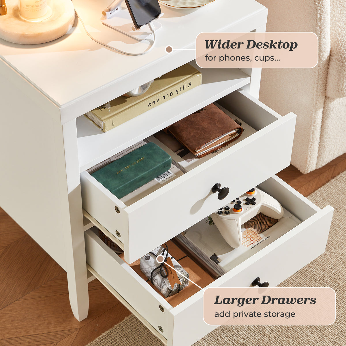 Huuger White Nightstand Set of 2, Night Stand with Charger Station Bedside Table with 2 Drawers, Bed Side Tables for Bedroom, Modern Nightstands, Metal Knobs, Painted Surface