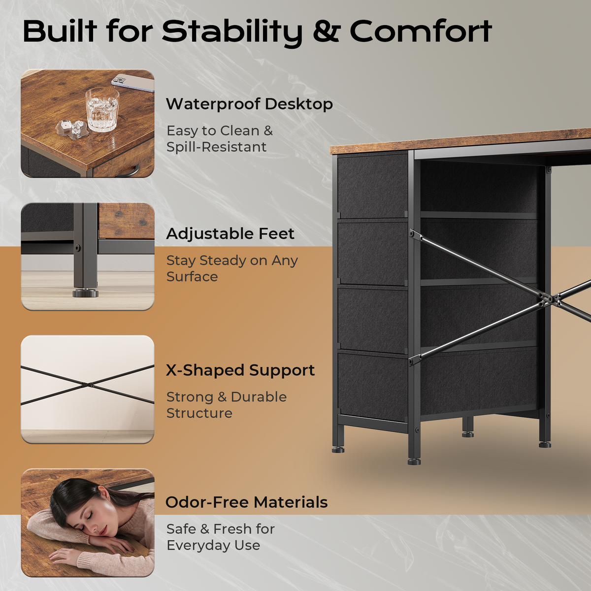 Huuger 63 Inch L Shaped Desk with Fabric Drawers, Computer Office Desk with Power Outlets and USB-C Port, Corner Desk with Storage Shelves, Work Study Home Office, Reversible, Rustic Brown