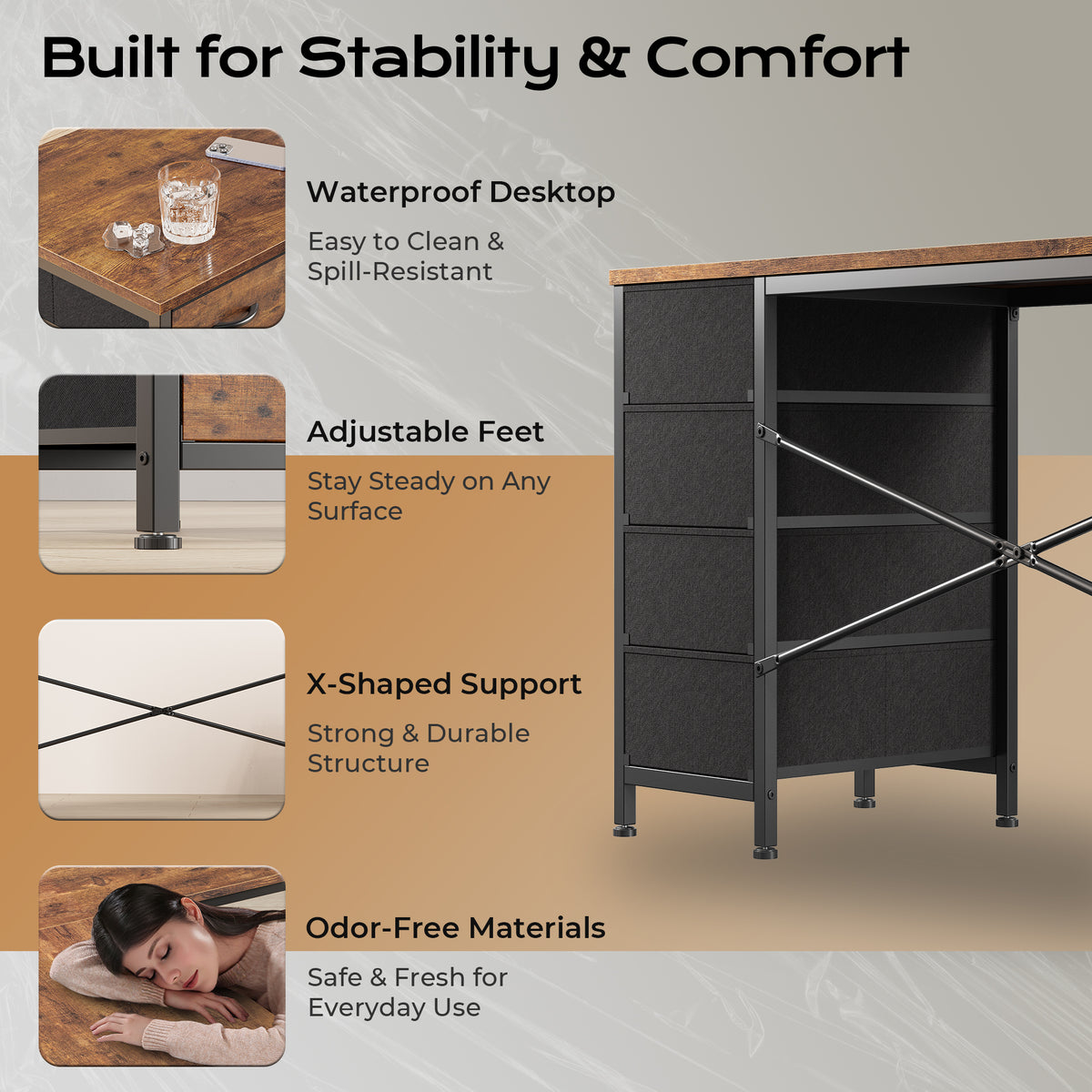 Huuger 63 Inch L Shaped Desk with Fabric Drawers, Computer Office Desk with Power Outlets and USB-C Port, Corner Desk with Storage Shelves, Work Study Home Office, Reversible, Rustic Brown