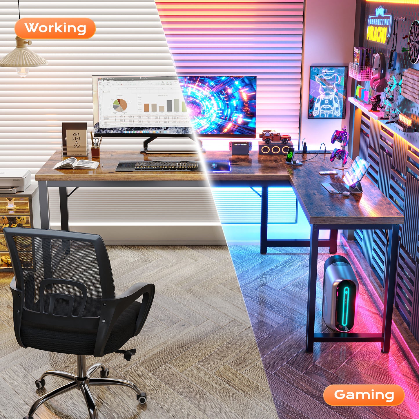 Huuger 63 Inch L Shaped Desk with Power Outlets and USB-C Port, 0.95 Inch Thicker Desktop, Reversible Computer Desk, Larger Office Corner Gaming Desk, Metal Frame, for Home Office, Study, Rustic Brown