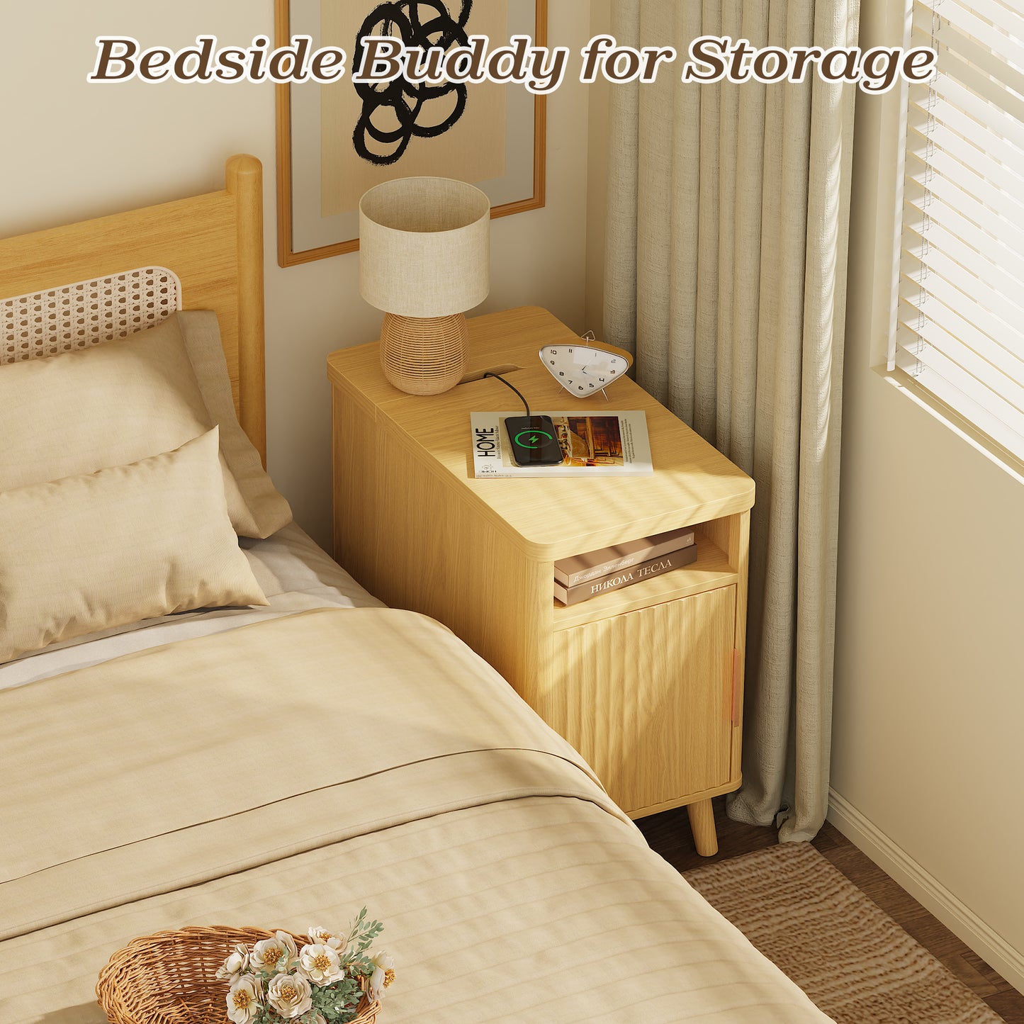 Huuger Narrow End Table with Charging Station, USB-C Port, Fluted Nightstand with Storage Cabinet, Back Rack, Side Table for Small Spaces, 13.4 × 23.6 Inch Night Stand with Storage, Natural