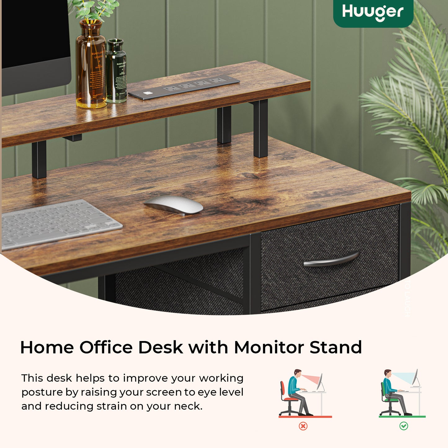 Huuger 47 inch Computer Desk with 4 Drawers, Gaming Desk with LED Lights & Power Outlets, Home Office Desk with Large Storage Space for Bedroom, Work from Home, Rustic Brown