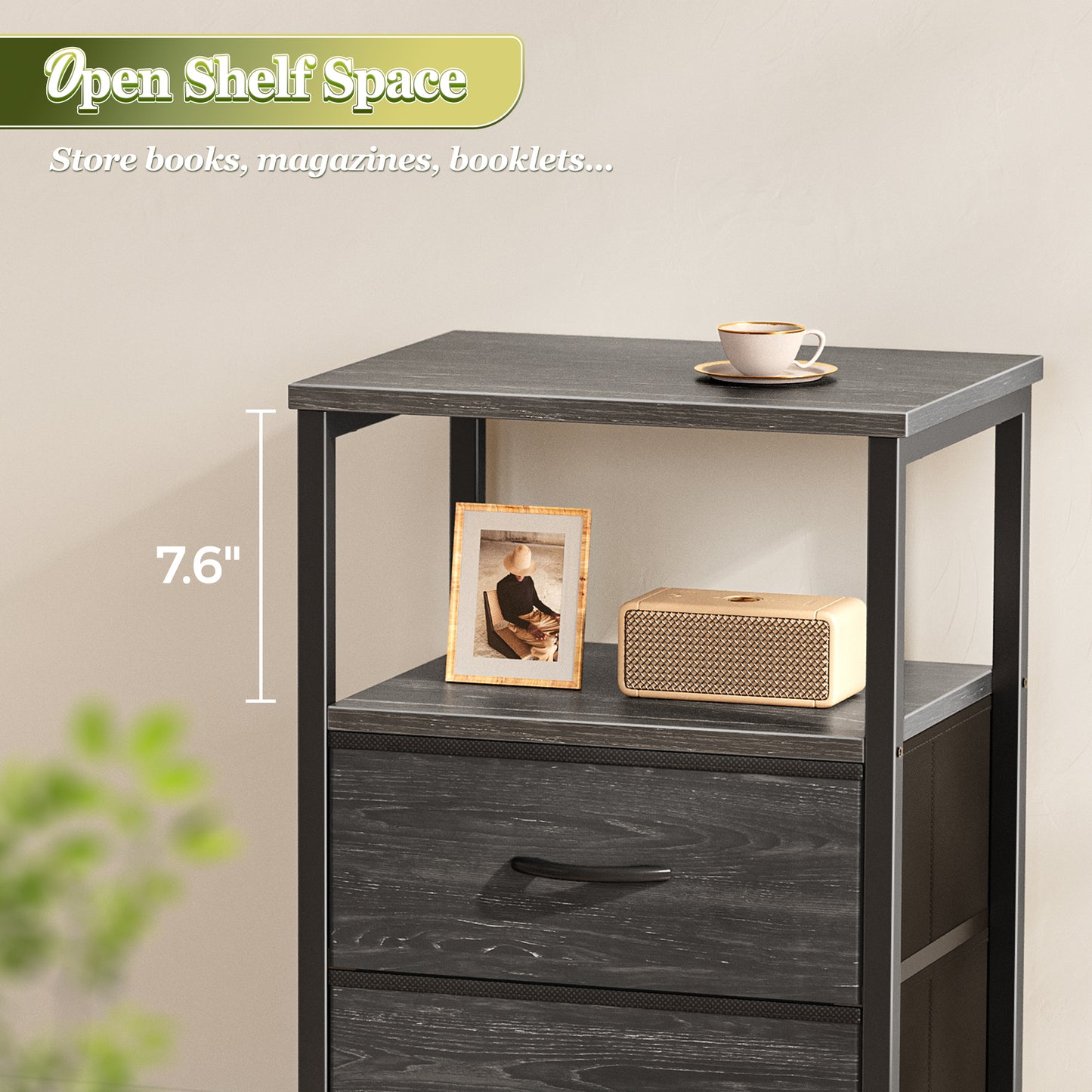 Huuger Night Stand Set of 2, Nightstand with 2 Drawers, Bed Side Table with Open Shelf, Wooden Top, End Table, Fabric Drawer with Oak Wooden Print Surface, for Bedroom