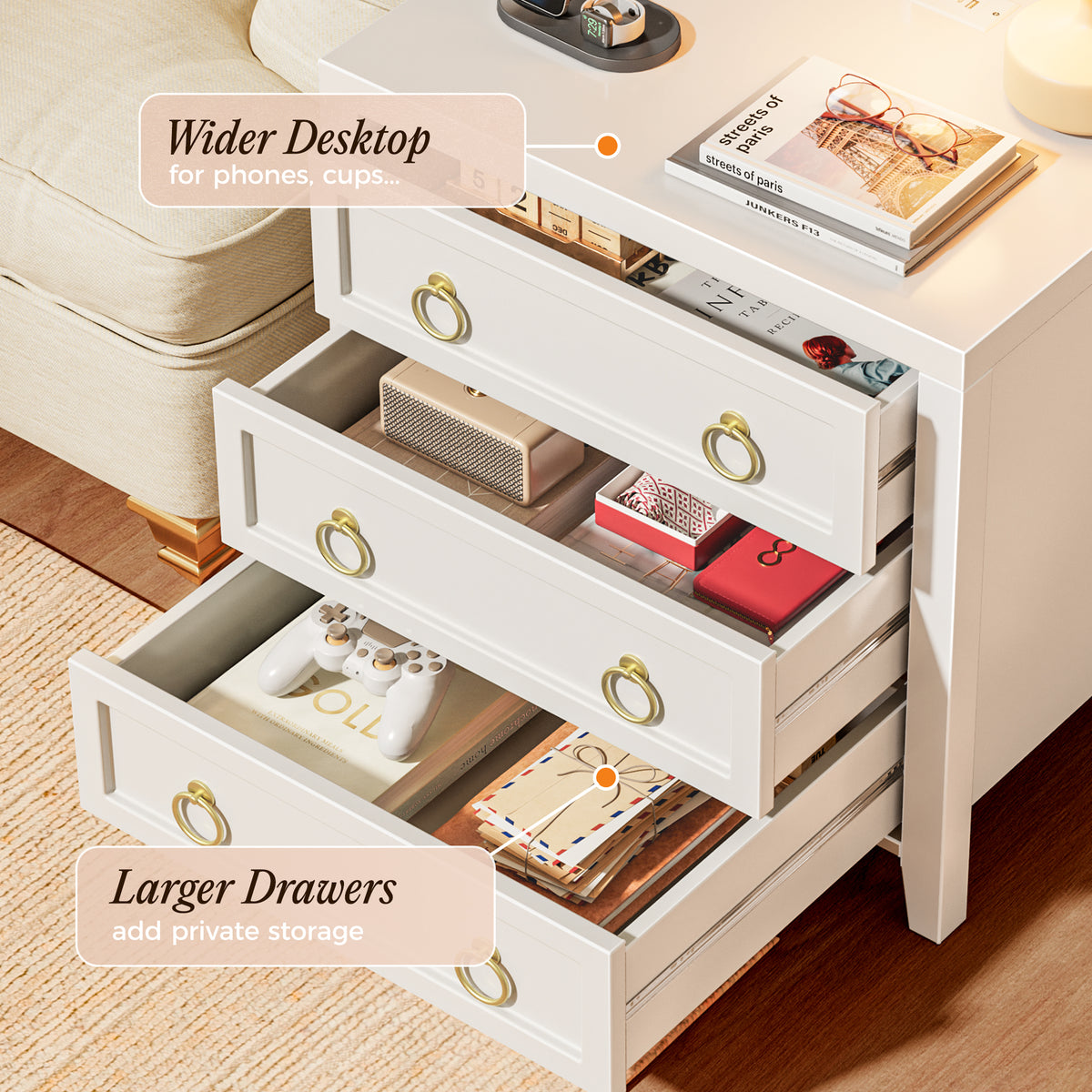 Huuger Paint Night Stand with Charger Station, 3 Drawer Nightstand Set of 2 Larger Wider Bedside Table with USB-C Port, Modern End Table, for Bedroom, Living Room, White Nightstand