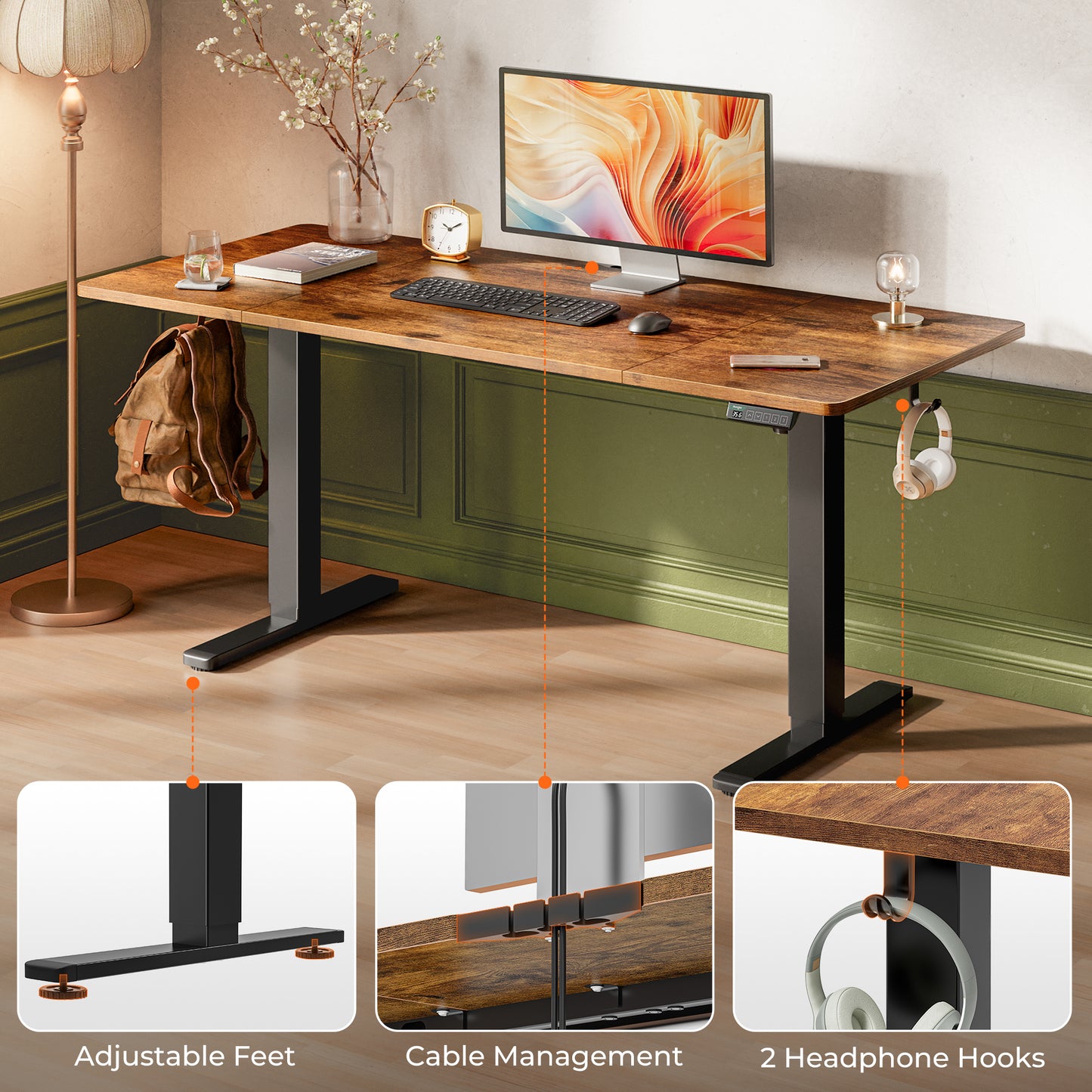 Huuger 63 x 28 Large Electric Standing Desk, Height Adjustable Computer Desk, 27.6" Deep Desktop, Stand up Gaming Office Table with 2 Hooks, 3 Preset Heights, for Home Office, Rustic Brown