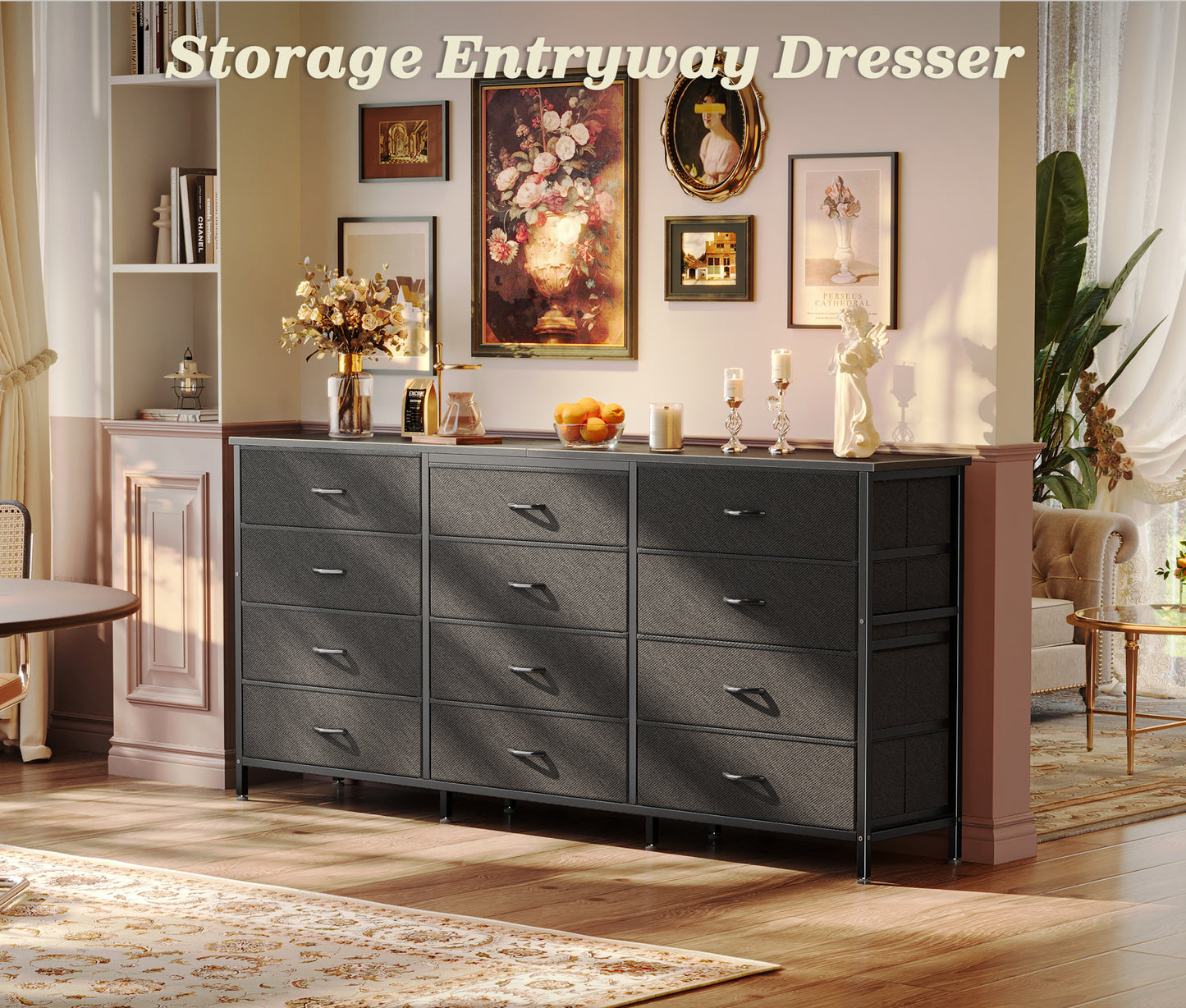 Huuger 63 Inch Long Dresser for Bedroom, TV Stand for 65, 70 Inch TV, 12 Drawer Dresser for Closet, Chest of Drawers, Large Fabric Drawers for Bedroom, Media Console with Storage, Black