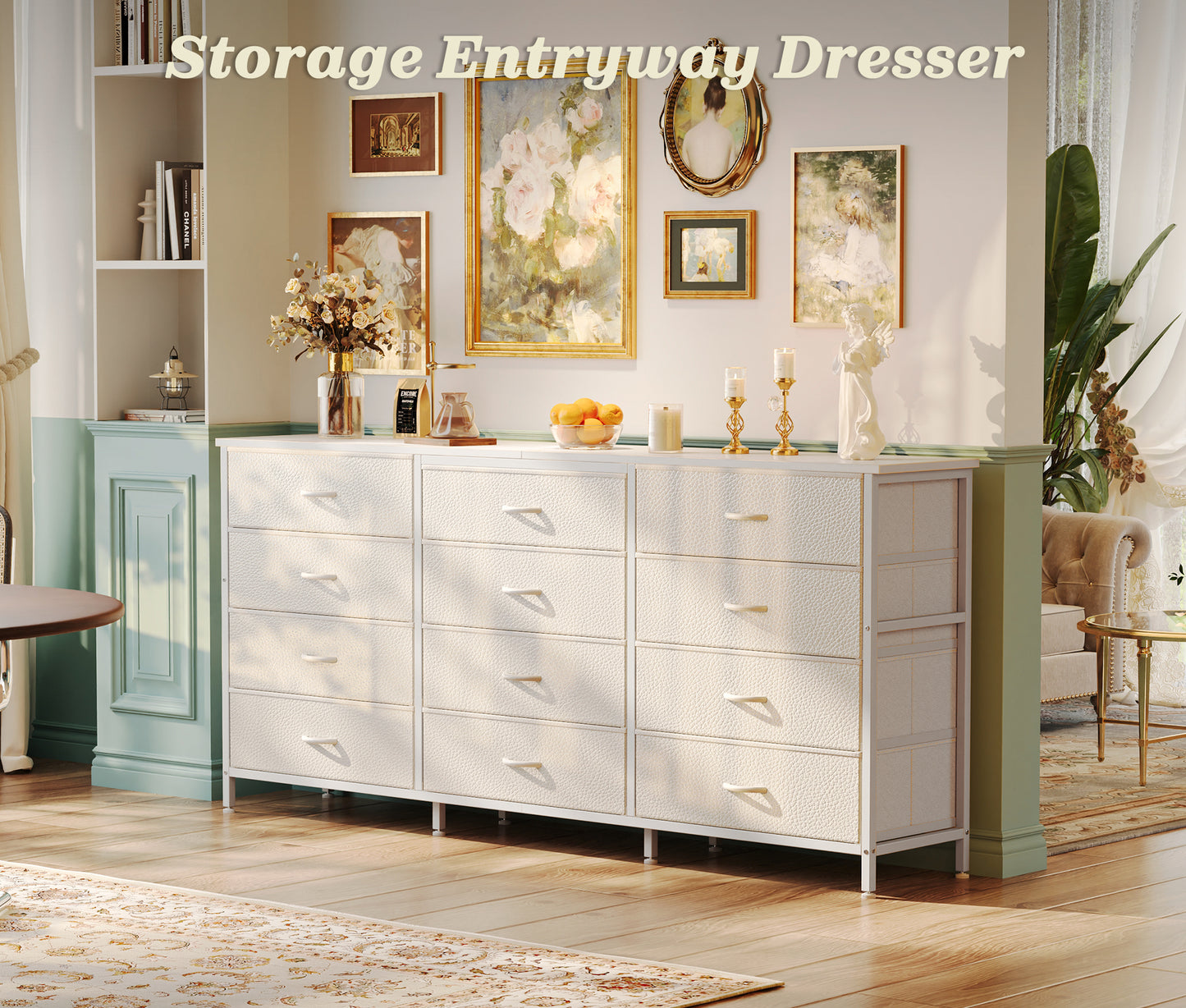 Huuger 63 Inch Long Dresser for Bedroom, TV Stand for 65, 70 Inch TV, 12 Drawer Dresser for Closet, Chest of Drawers, Large Fabric Drawers for Living Room, Media Console with Storage, White