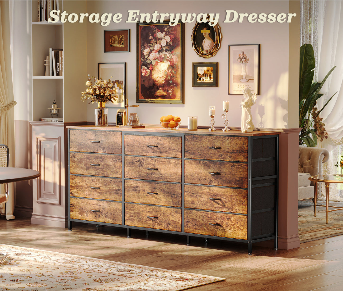 Huuger 63 Inch Long Dresser for Bedroom, TV Stand for 65, 70 Inch TV, 12 Drawer Dresser for Closet, Chest of Drawers, Large Fabric Drawers for Bedroom, Media Console, Rustic Brown