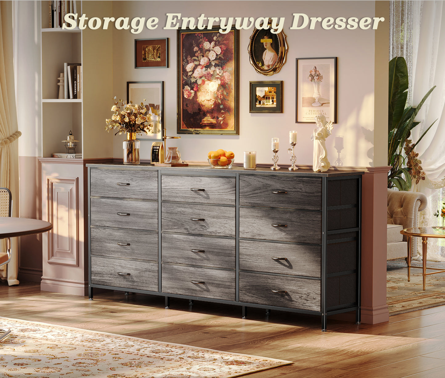 Huuger 63 Inch Long Dresser for Bedroom, TV Stand for 65, 70 Inch TV, 12 Drawer Dresser for Closet, Large Fabric Drawers for Bedroom, Media Console with Storage, Grey