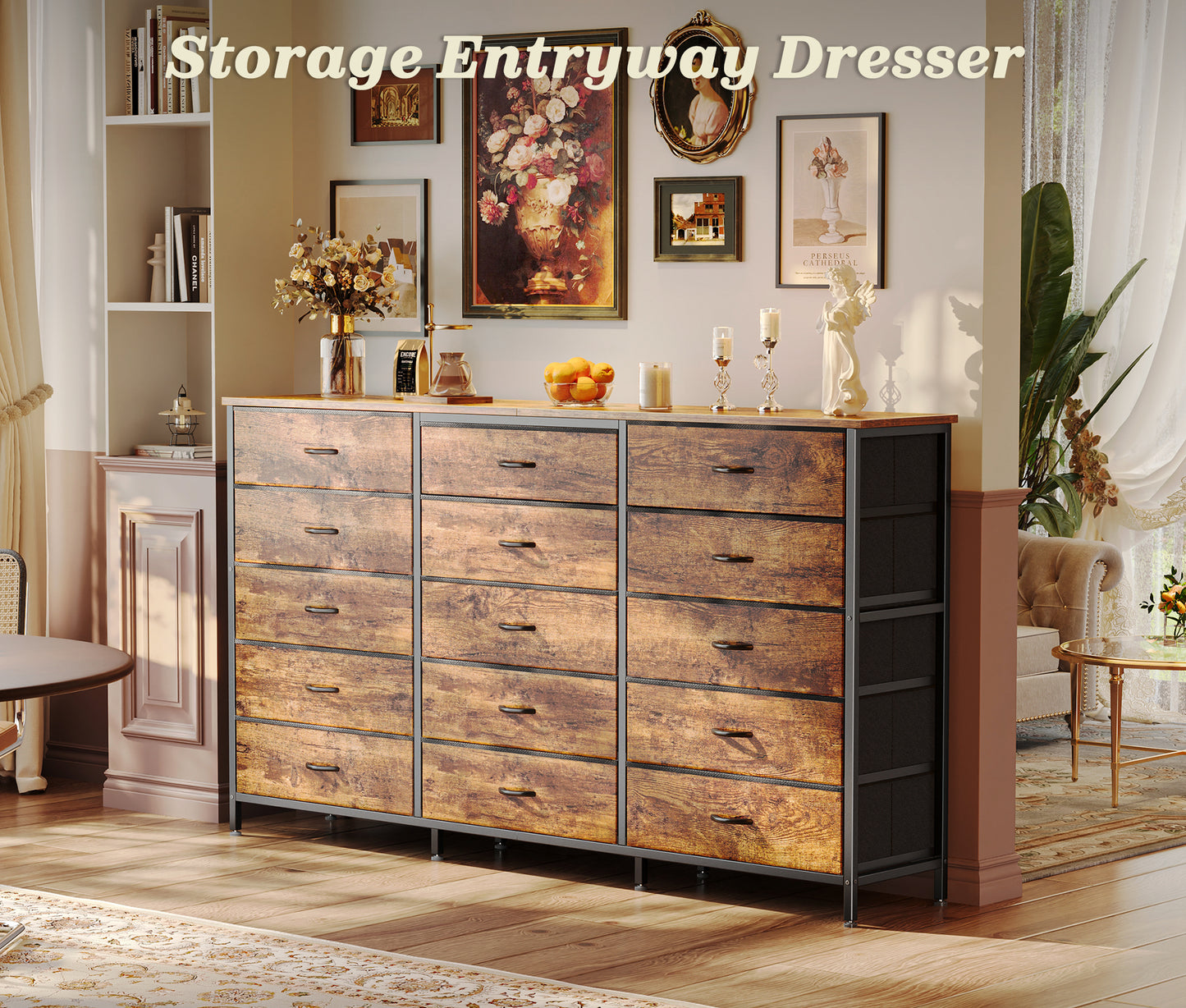 Huuger 63 Inch Long Dresser for Bedroom, TV Stand for 65, 70 Inch TV, 15 Drawer Dresser for Closet, Chest of Drawers, Large Fabric Drawers for Living Room, Rustic Brown