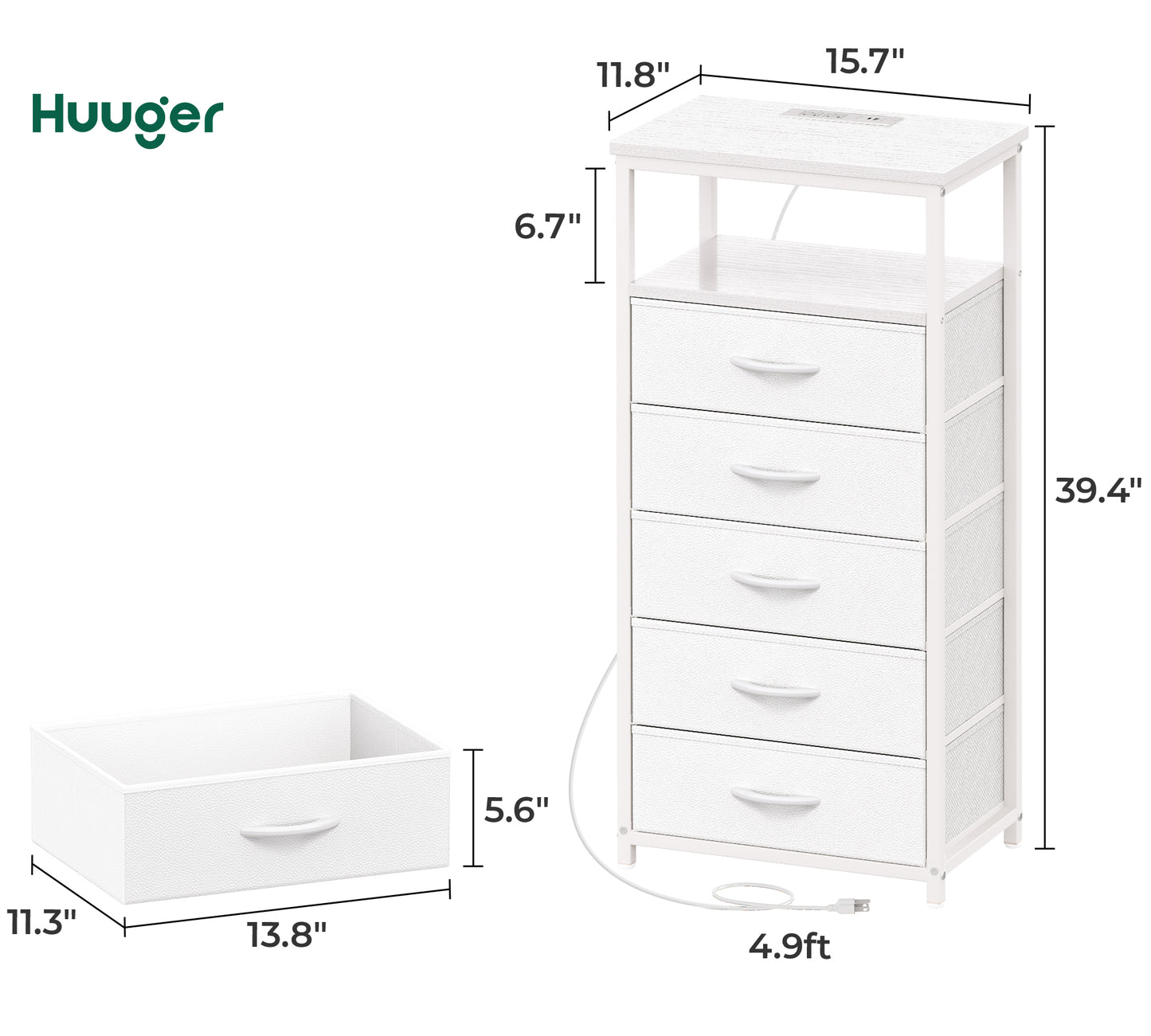 Huuger 5 Drawers Dresser with Charging Station, Dresser for Bedroom, Tall Night Stand, Chest of Drawers with Open Shelf, Bedside Table Nightstand, Fabric Storage Drawers, for Entryway, White