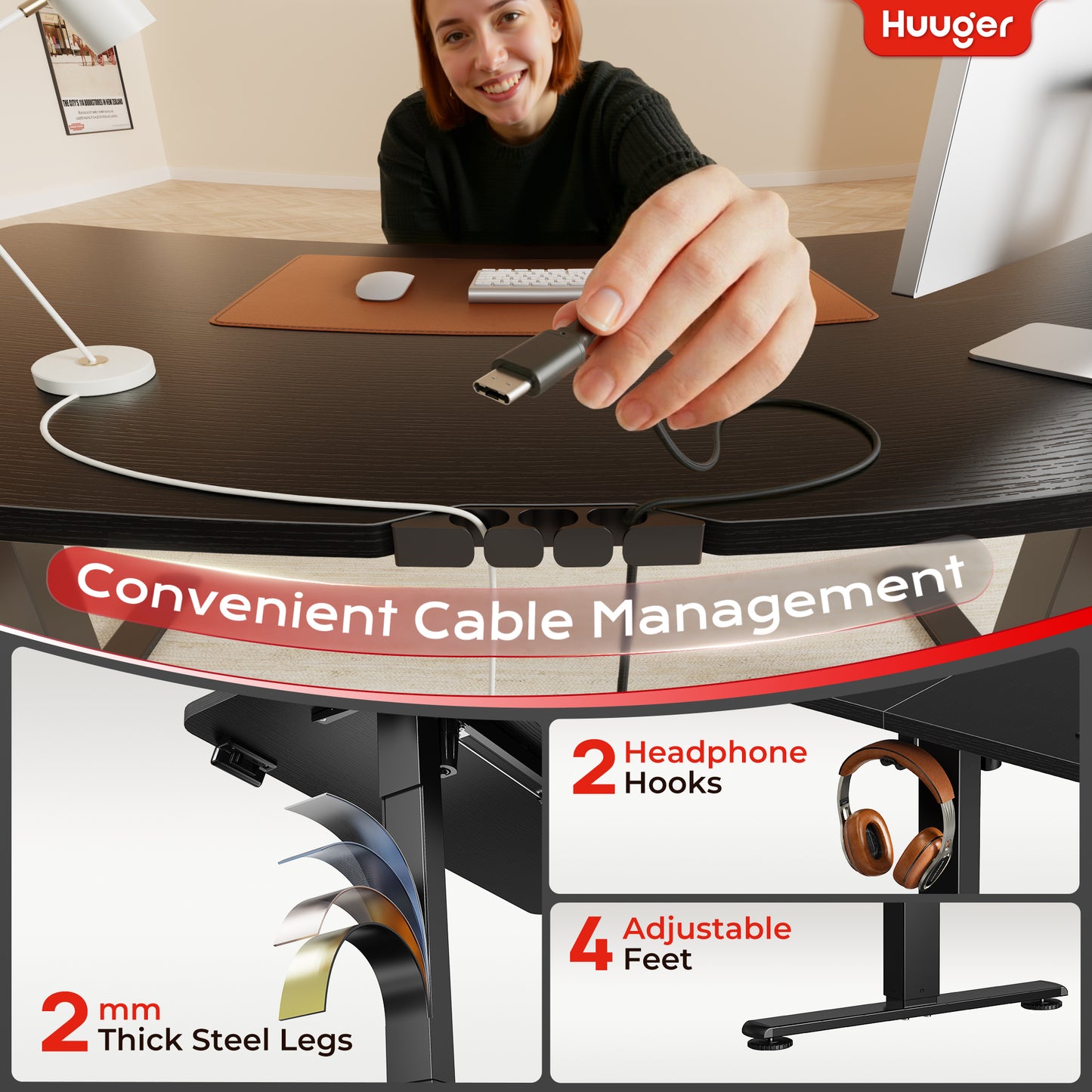 Huuger 55 X 24 Inch Electric Standing Desk with Power Outlets and USB-C Port, Height Adjustable Desk, Sit Stand Desk for Home Office, Computer & Gaming Desk with 3 Presets, Stable Steel Frame