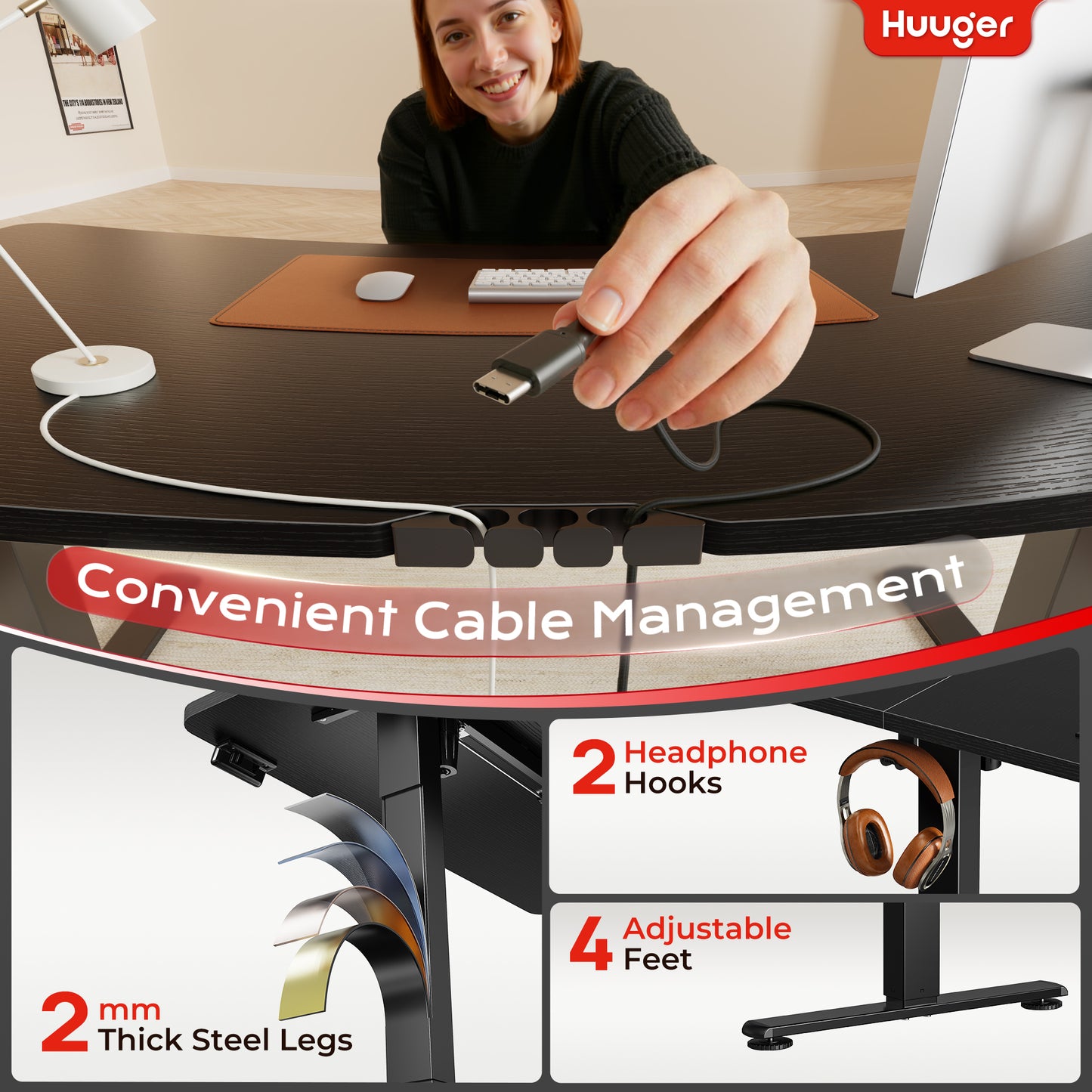 Huuger 47 X 24 Inch Electric Standing Desk with Power Outlets and USB-C Port, Height Adjustable Desk, Sit Stand Desk for Home Office, Computer & Gaming Desk with 3 Presets, Stable Steel Frame
