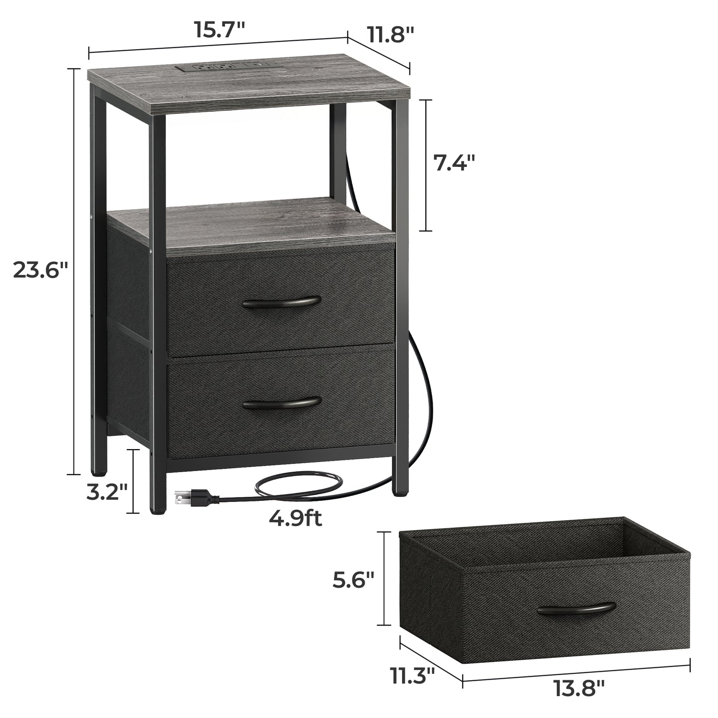 Huuger Nightstand with Charging Station, Side Table with Fabric Drawers, End Table with Open Shelf, Bedside Table with USB Ports and Outlets, Night Stand for Bedroom, Charcoal Gray