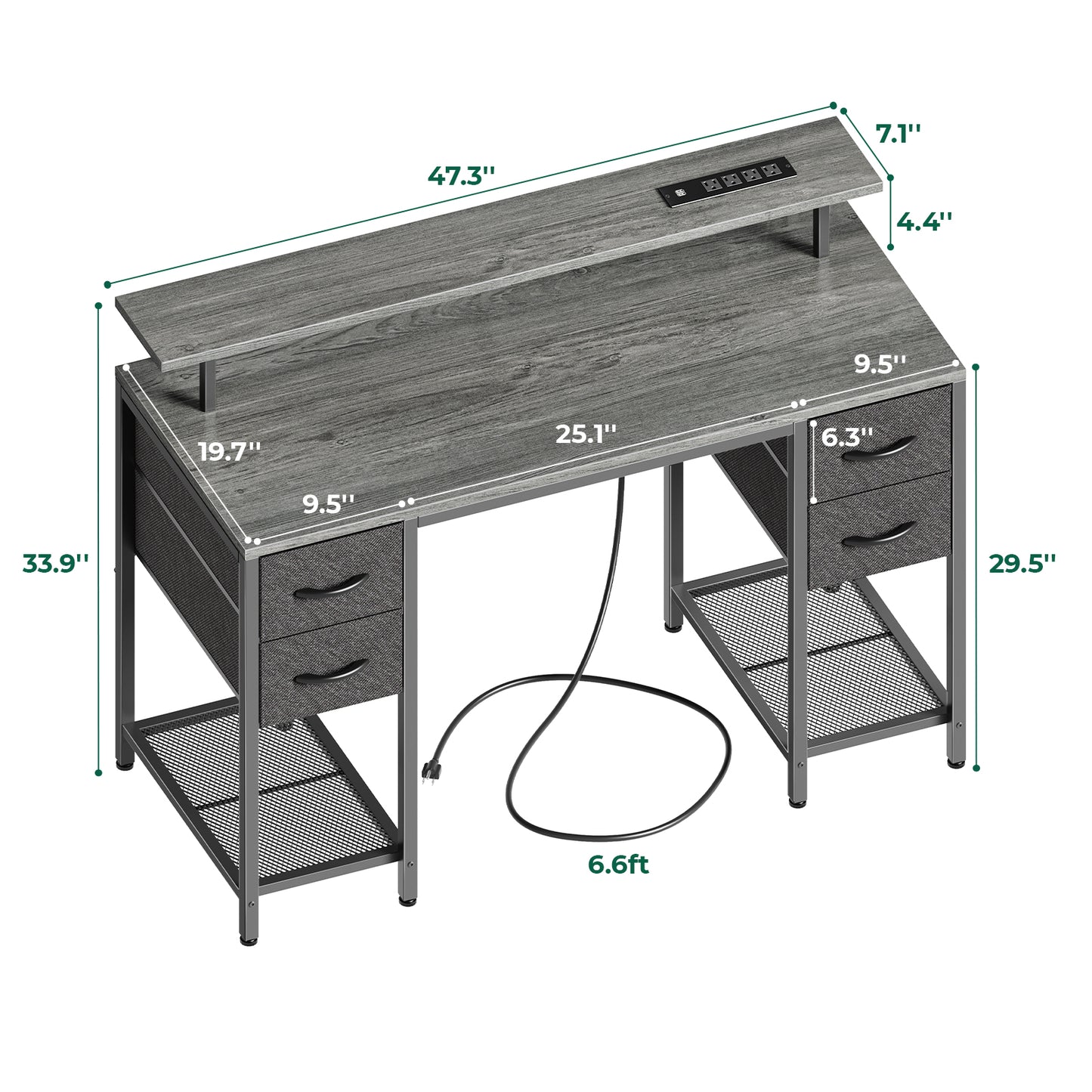 47 inch Computer Desk with 4 Drawers, Gaming Desk with LED Lights & Power Outlets, Home Office Desk with Large Storage Space for Bedroom, Work from Home, Gray