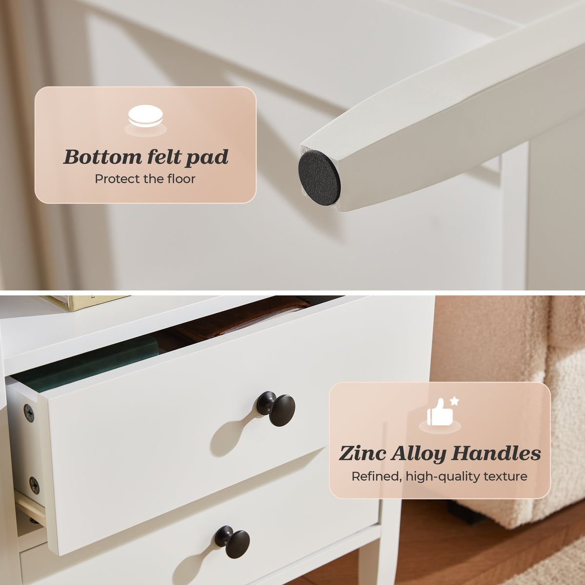 Huuger White Nightstand Set of 2, Night Stand with Charger Station Bedside Table with 2 Drawers, Bed Side Tables for Bedroom, Modern Nightstands, Metal Knobs, Painted Surface