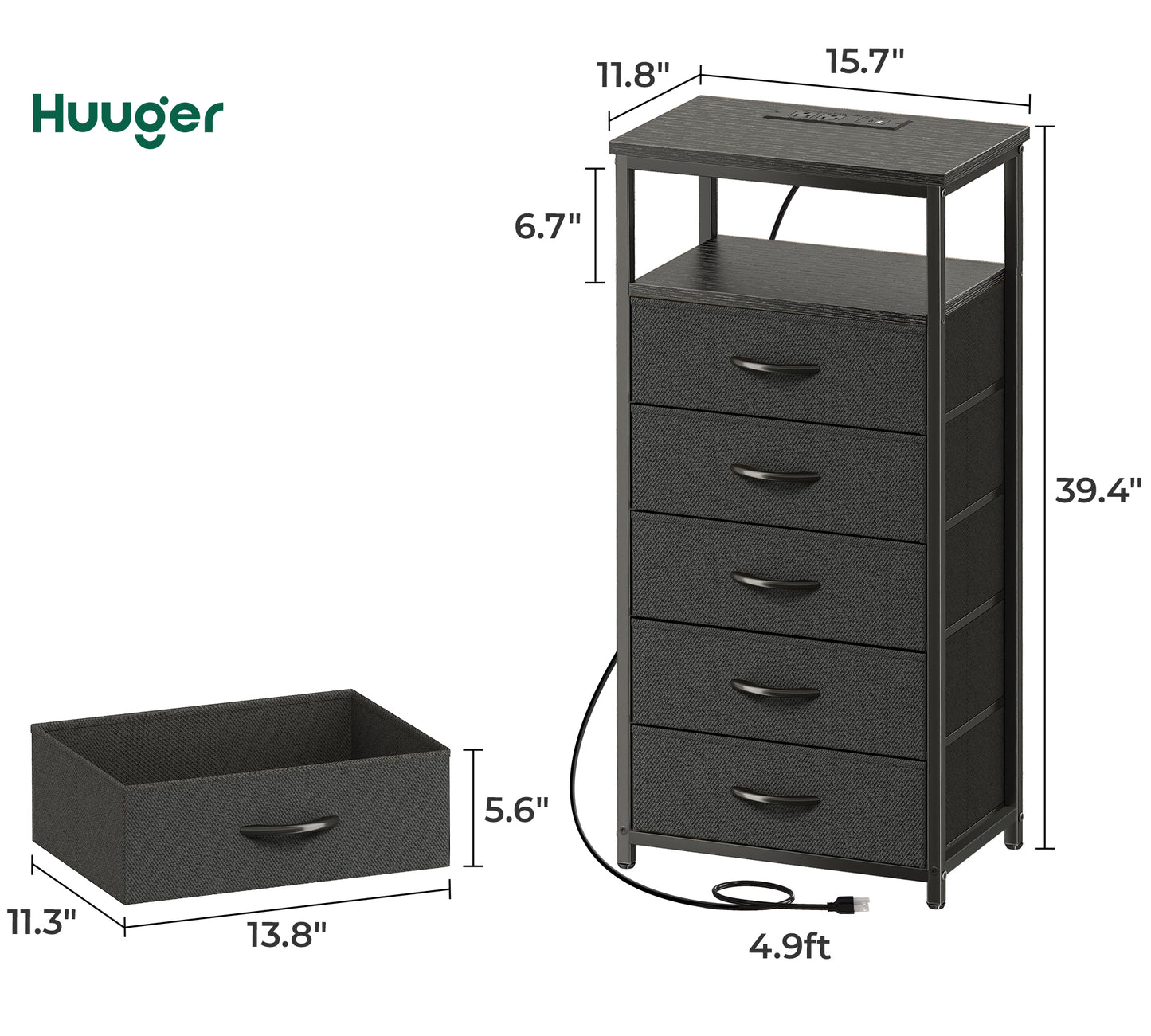 Huuger 5 Drawers Dresser with Charging Station, Dresser for Bedroom, Tall Night Stand, Chest of Drawers with Open Shelf, Bedside Table Nightstand, Fabric Storage Drawers, for Entryway, Black