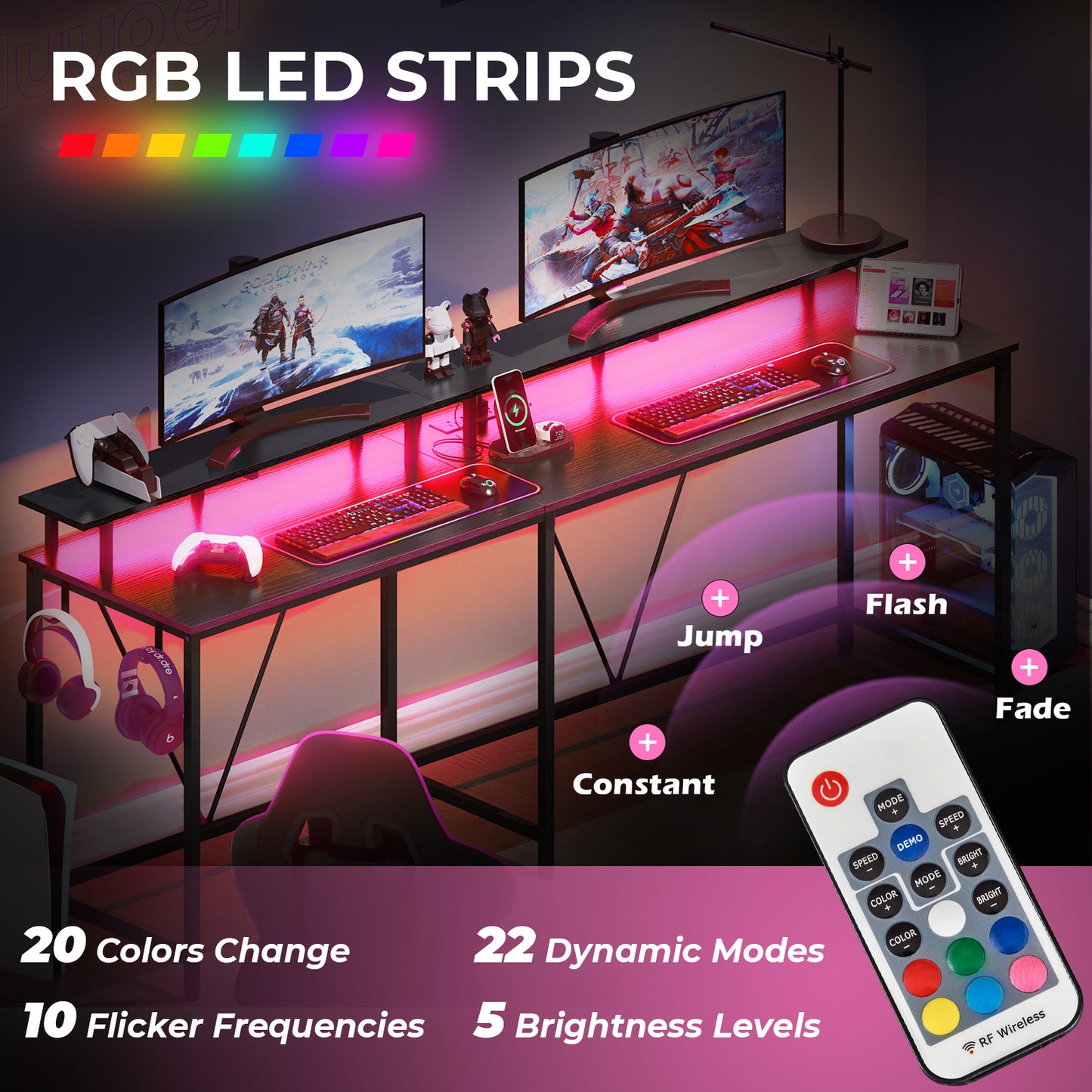Huuger L Shaped Gaming Desk with LED Lights & Power Outlets, Monitor Stand & Hooks, Home Office Desk, Corner Gaming Desk, Black