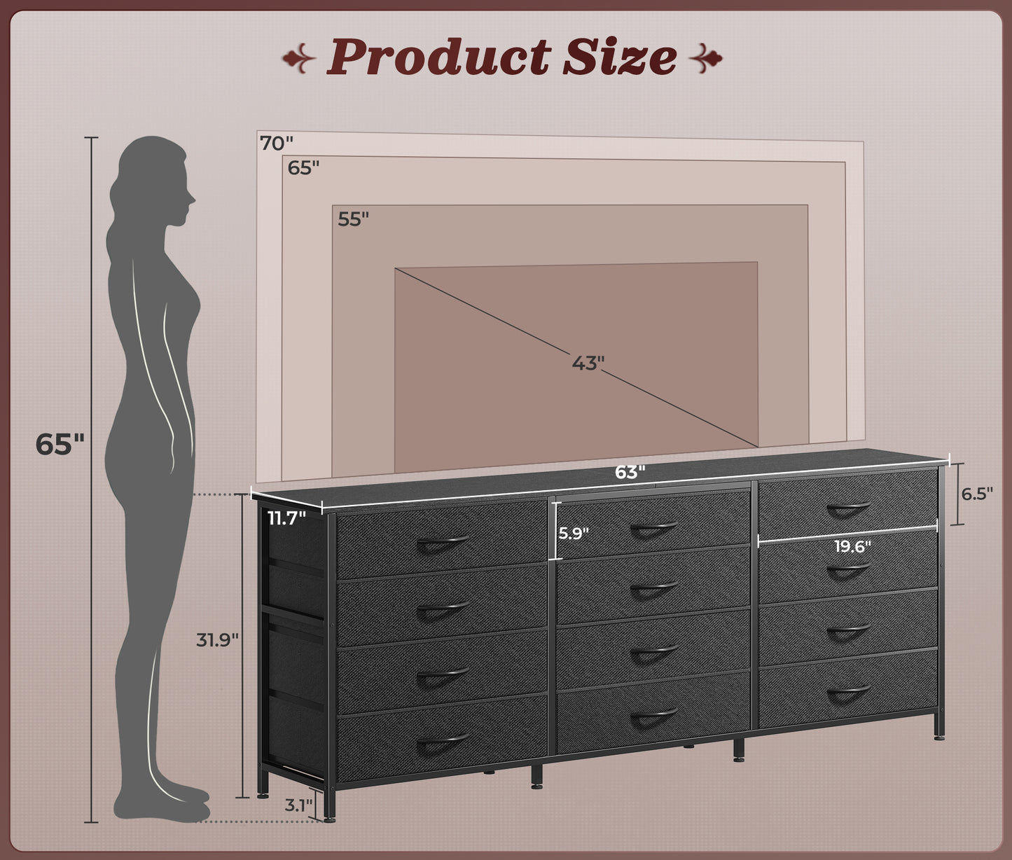 Huuger 63 Inch Long Dresser for Bedroom, TV Stand for 65, 70 Inch TV, 12 Drawer Dresser for Closet, Chest of Drawers, Large Fabric Drawers for Bedroom, Media Console with Storage, Black