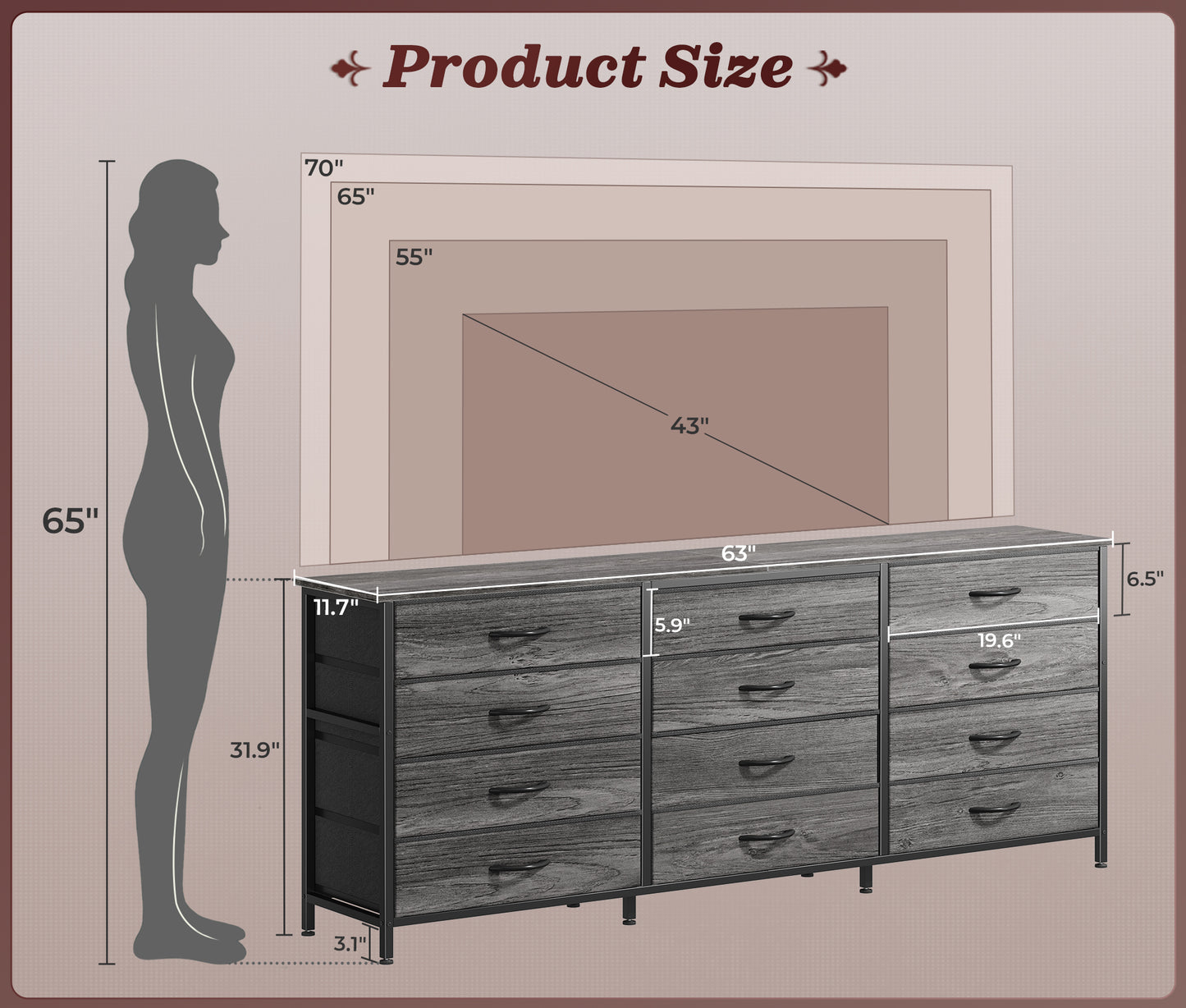 Huuger 63 Inch Long Dresser for Bedroom, TV Stand for 65, 70 Inch TV, 12 Drawer Dresser for Closet, Large Fabric Drawers for Bedroom, Media Console with Storage, Grey