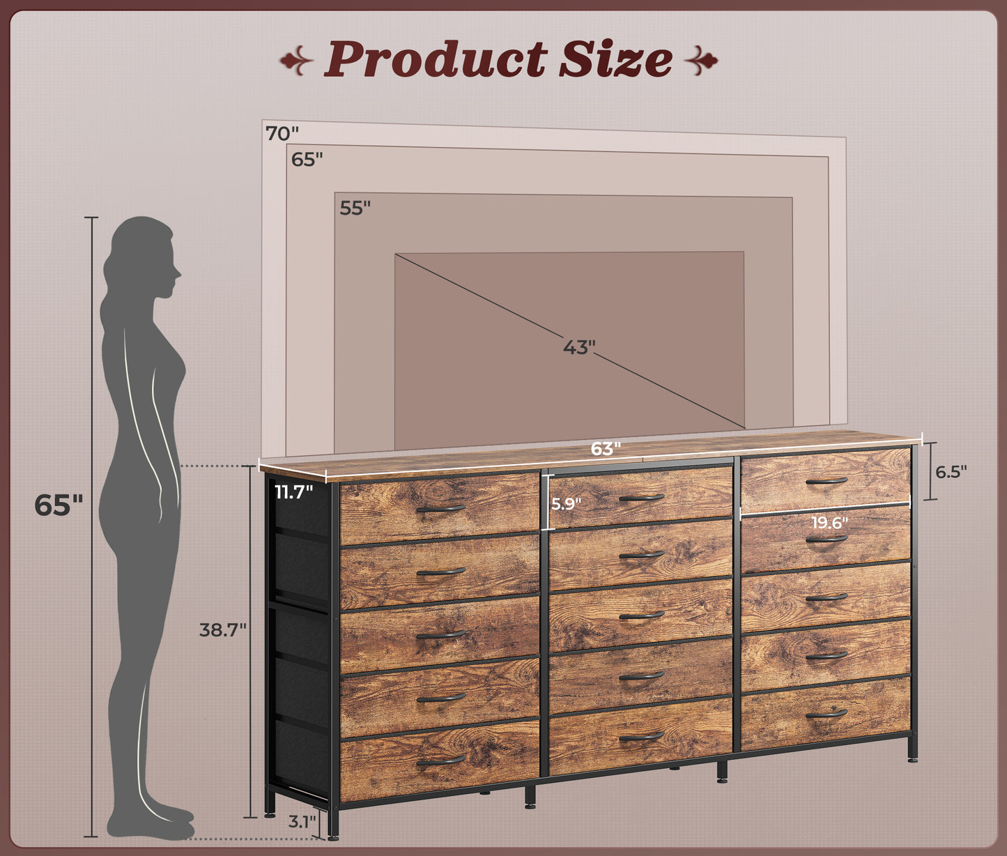 Huuger 63 Inch Long Dresser for Bedroom, TV Stand for 65, 70 Inch TV, 15 Drawer Dresser for Closet, Chest of Drawers, Large Fabric Drawers for Living Room, Rustic Brown