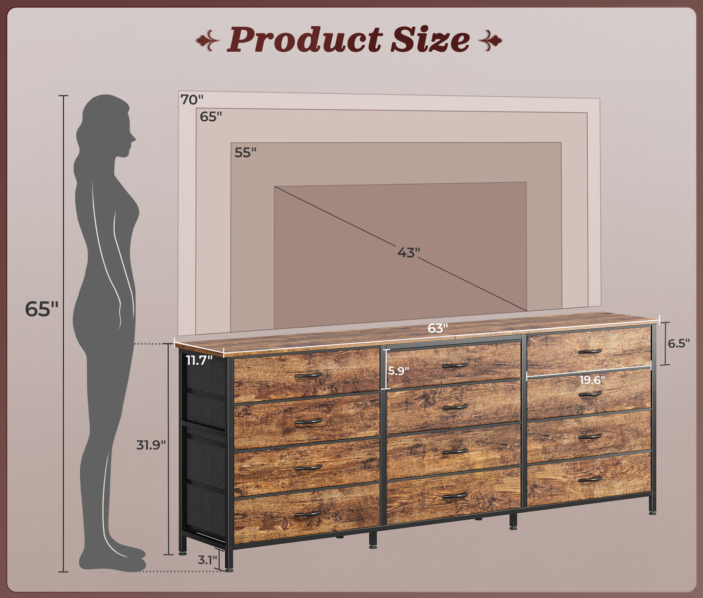 Huuger 63 Inch Long Dresser for Bedroom, TV Stand for 65, 70 Inch TV, 12 Drawer Dresser for Closet, Chest of Drawers, Large Fabric Drawers for Bedroom, Media Console, Rustic Brown
