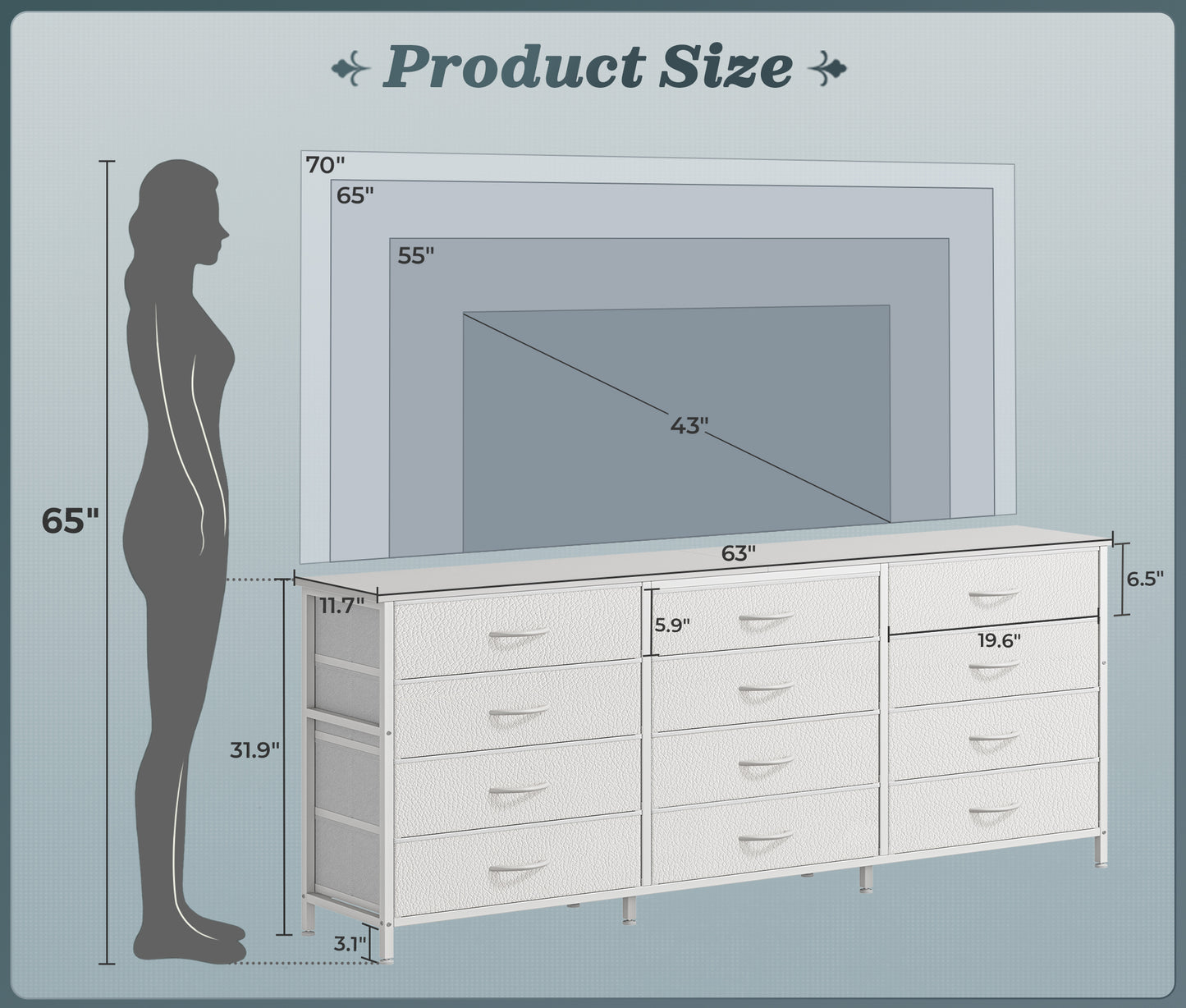 Huuger 63 Inch Long Dresser for Bedroom, TV Stand for 65, 70 Inch TV, 12 Drawer Dresser for Closet, Chest of Drawers, Large Fabric Drawers for Living Room, Media Console with Storage, White