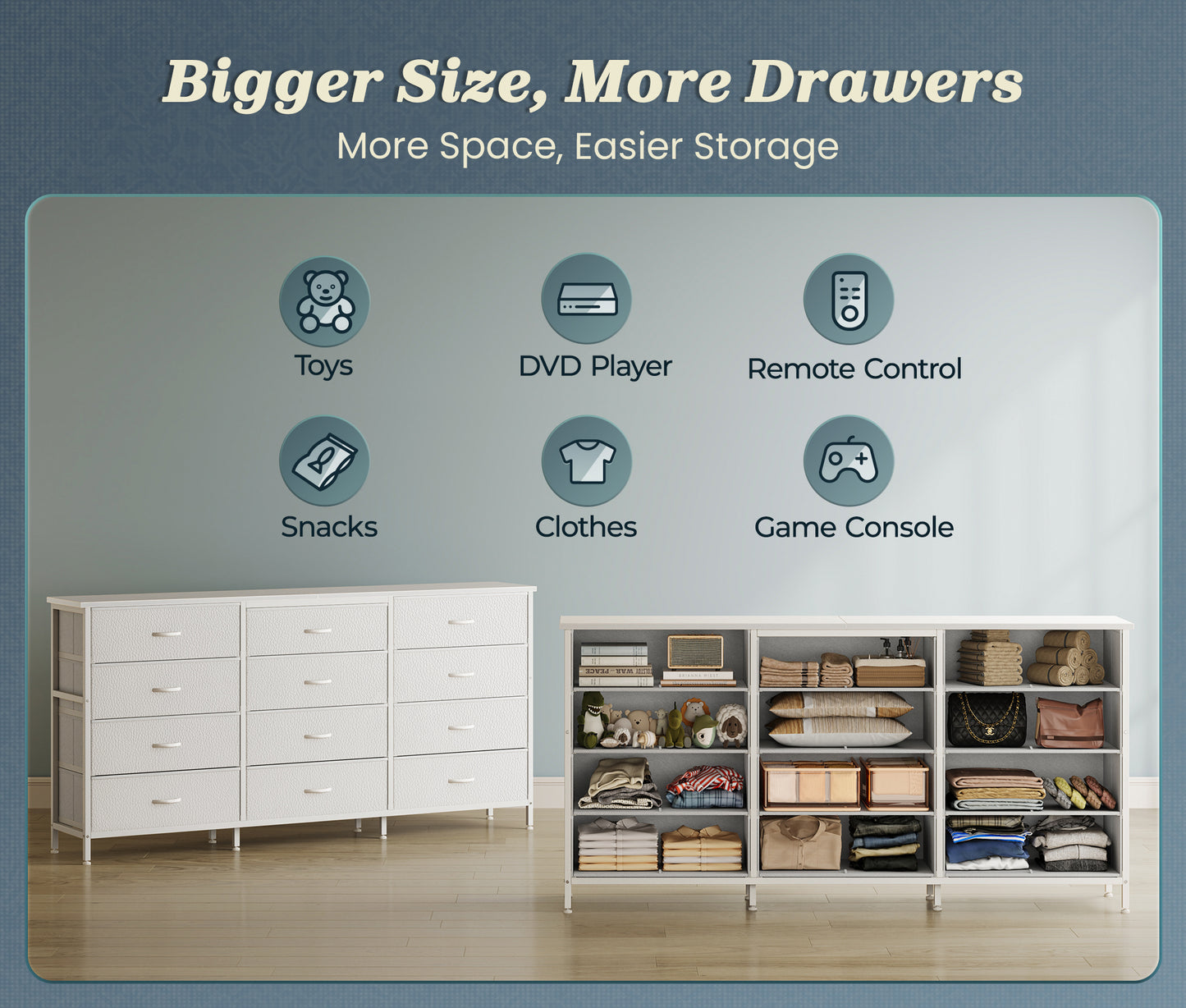 Huuger 63 Inch Long Dresser for Bedroom, TV Stand for 65, 70 Inch TV, 12 Drawer Dresser for Closet, Chest of Drawers, Large Fabric Drawers for Living Room, Media Console with Storage, White