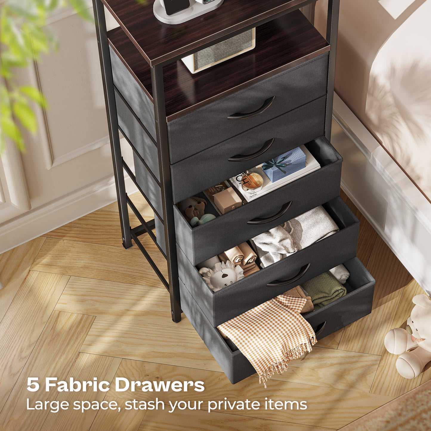 Huuger 5 Drawers Dresser with Charging Station, Dresser for Bedroom, Tall Night Stand, Chest of Drawers with Open Shelf, Bedside Table Nightstand, Fabric, for Entryway, Adult Only, Walnut